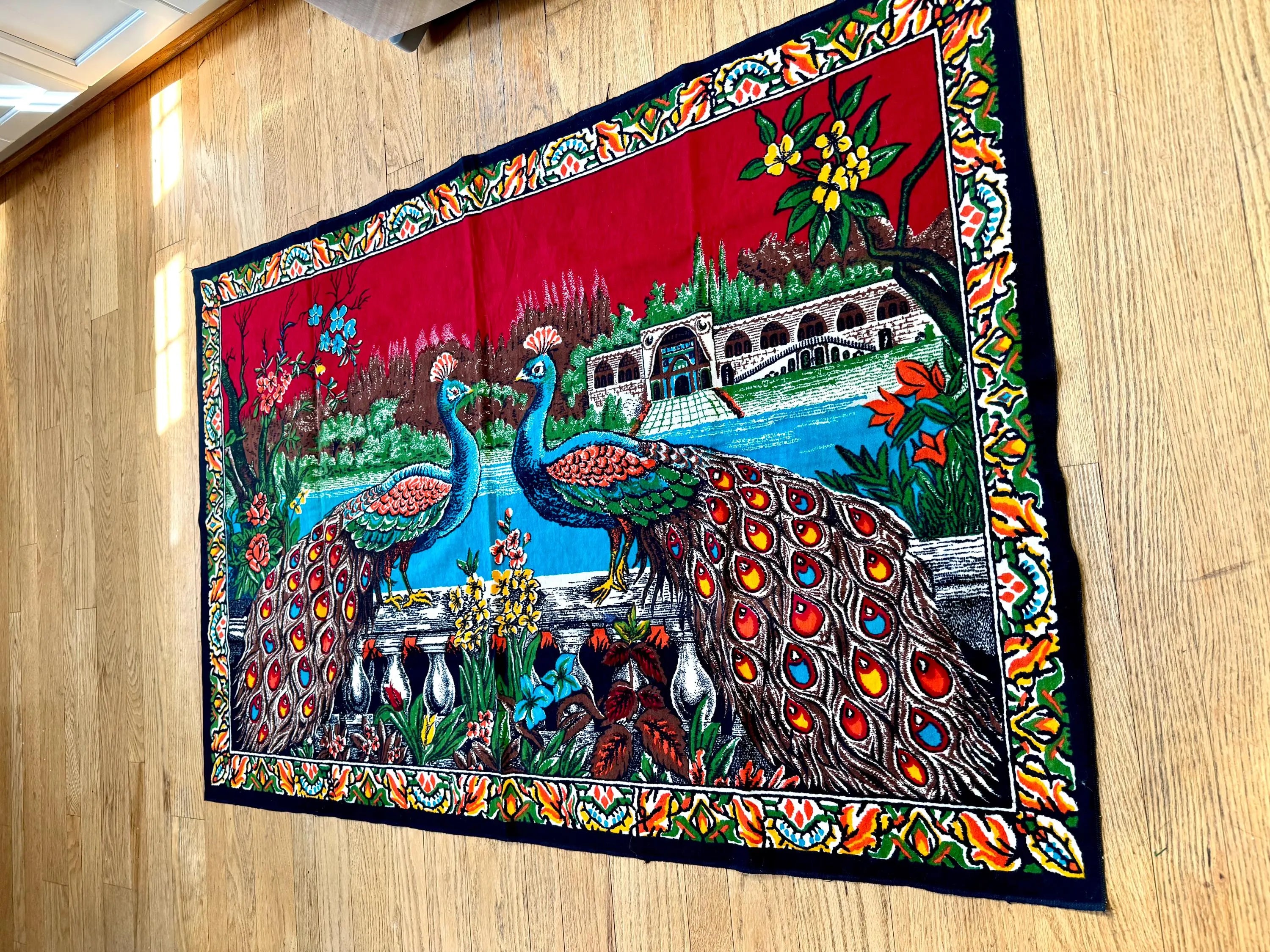 Vtg Peacock Tapestry | Twin Peacocks in the Palace Tapestry | Velvet Peacock Illustrated Wall Hanging | Turkish Peacock Wall Tapestry