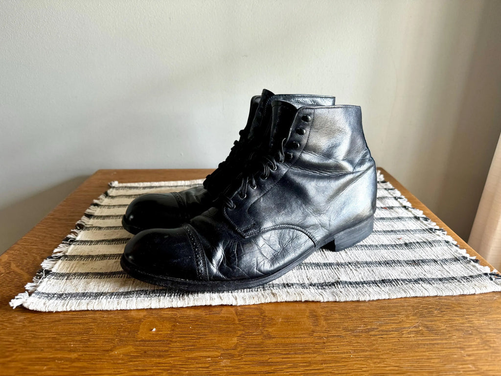 Vtg Leather Boots | Bob Smart 1960's Leather Boots | Black Cap Toe Leather Shoes | Black Lace Up Ankle Boots | 60's Work Boots