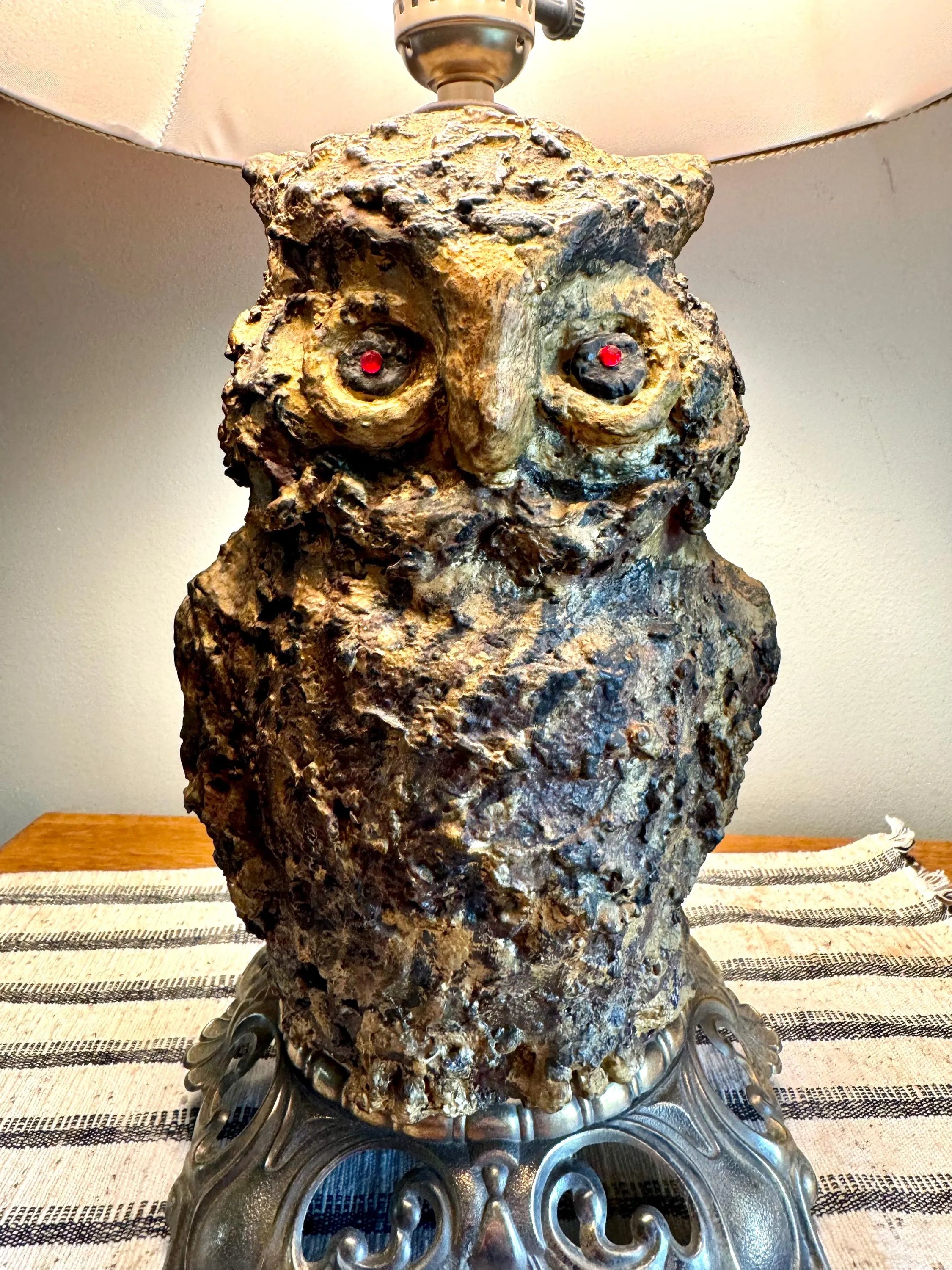 Vtg Accurate Casting Co. Owl Lamp | Owl Figurine and Brass Lamp | Plaster Owl Lamp with Red Eyes