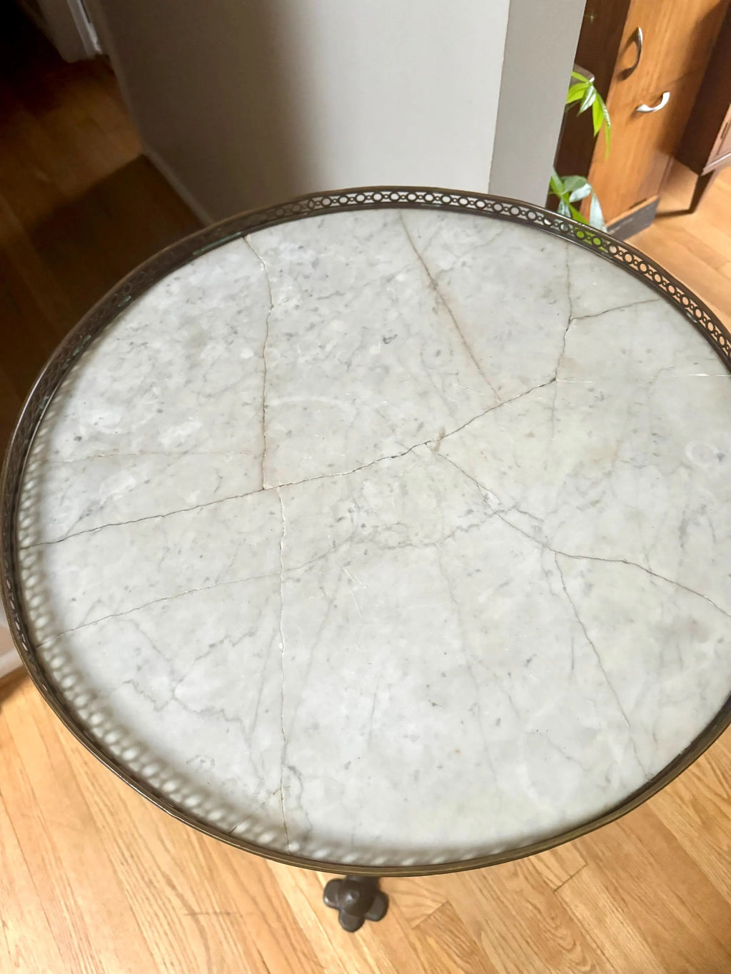 Large Cast Iron, Brass and Marble Bistro Table| Cast Iron and Marble High Top Table| Tall Round Marble and Brass Table Top on Cast Iron Base