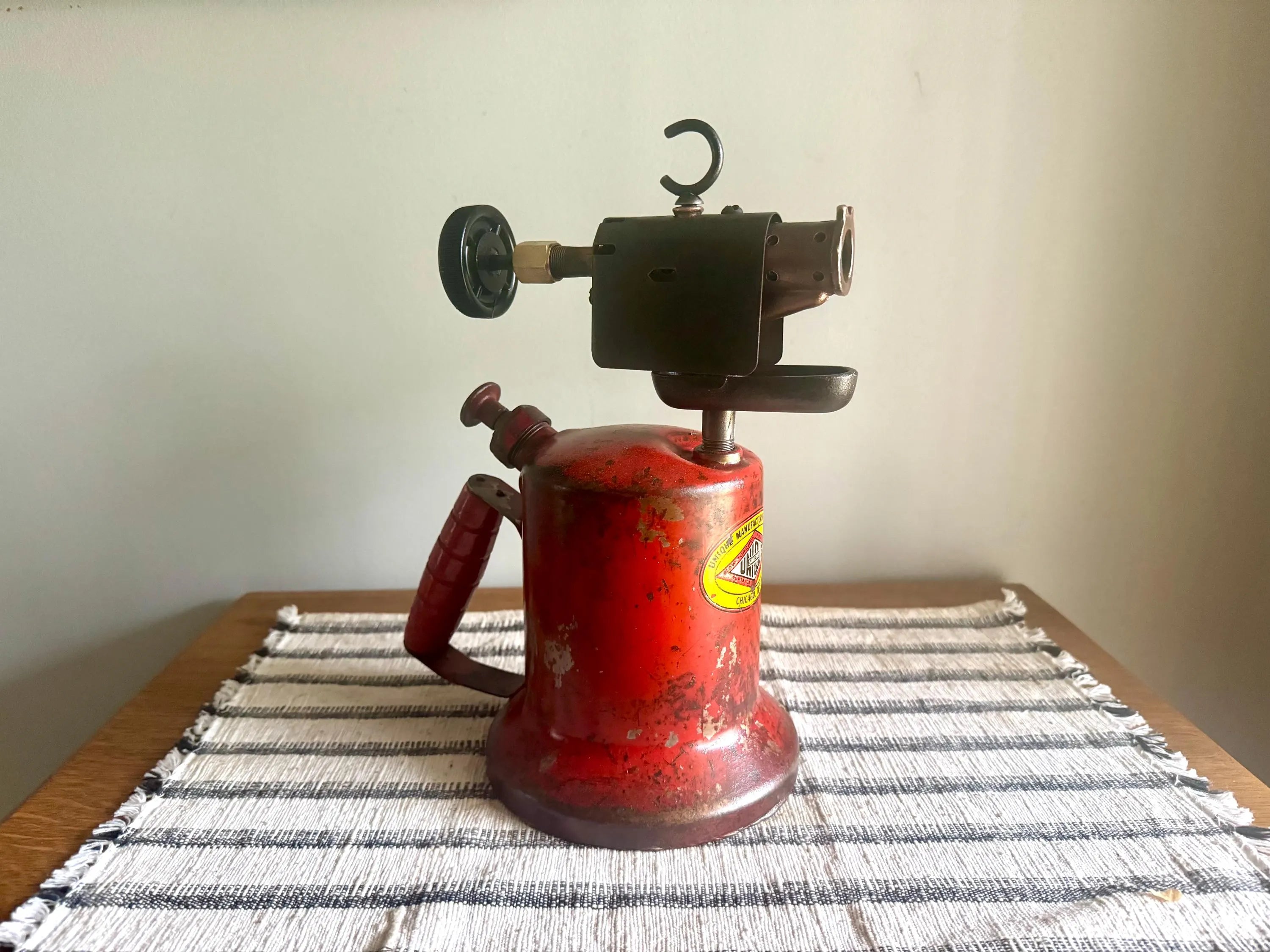 A Vtg Red Unique Mfg. Blow Torch | Unique Mfg. Co. Kerosine Blow Torch | Distressed Red Kerosine Torch | Rustic Wood Handled Blow Torch