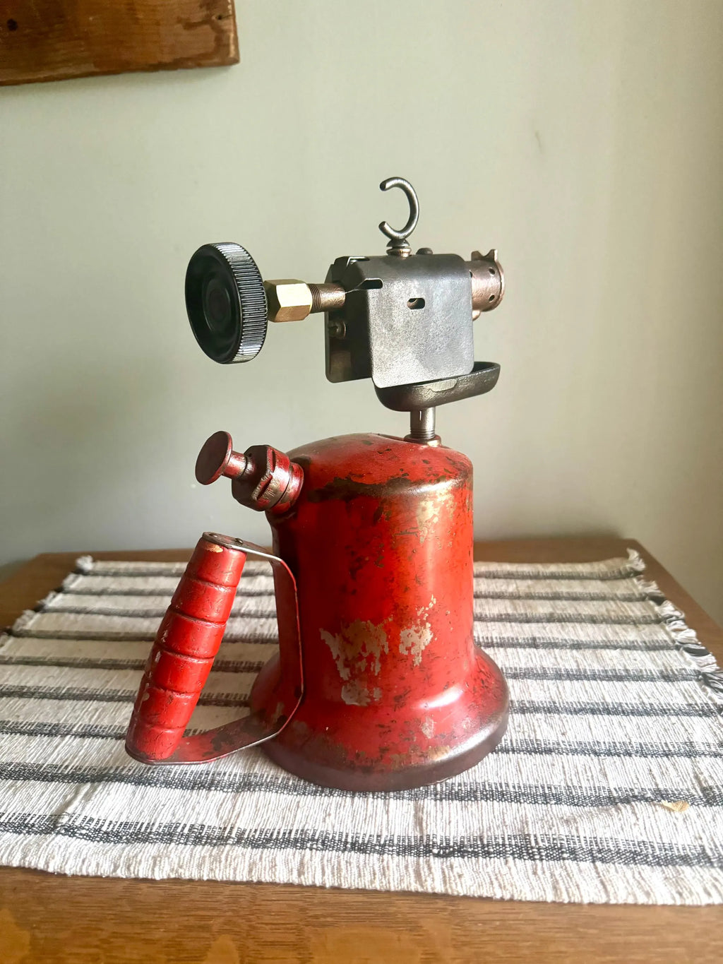 A Vtg Red Unique Mfg. Blow Torch | Unique Mfg. Co. Kerosine Blow Torch | Distressed Red Kerosine Torch | Rustic Wood Handled Blow Torch