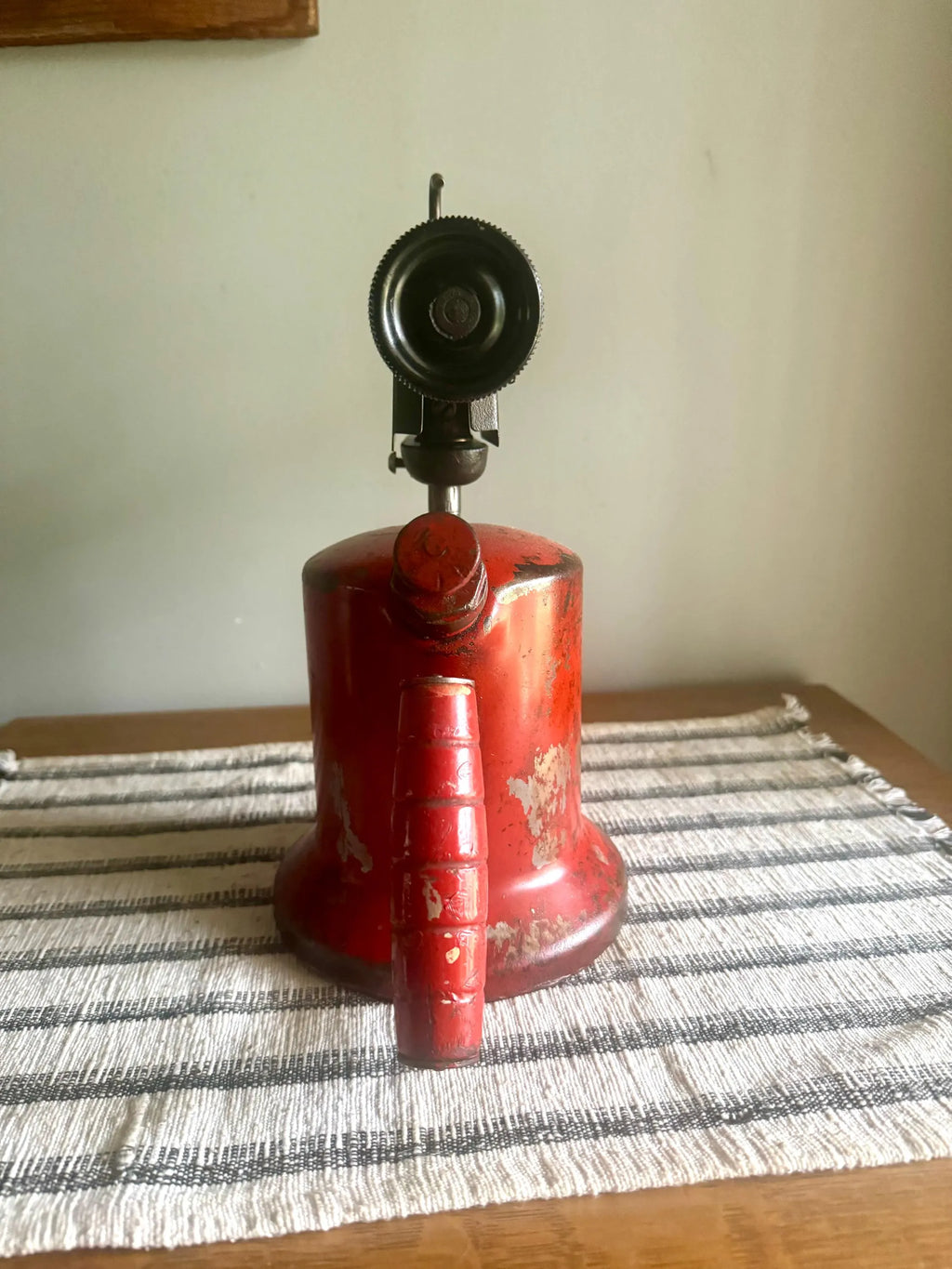 A Vtg Red Unique Mfg. Blow Torch | Unique Mfg. Co. Kerosine Blow Torch | Distressed Red Kerosine Torch | Rustic Wood Handled Blow Torch