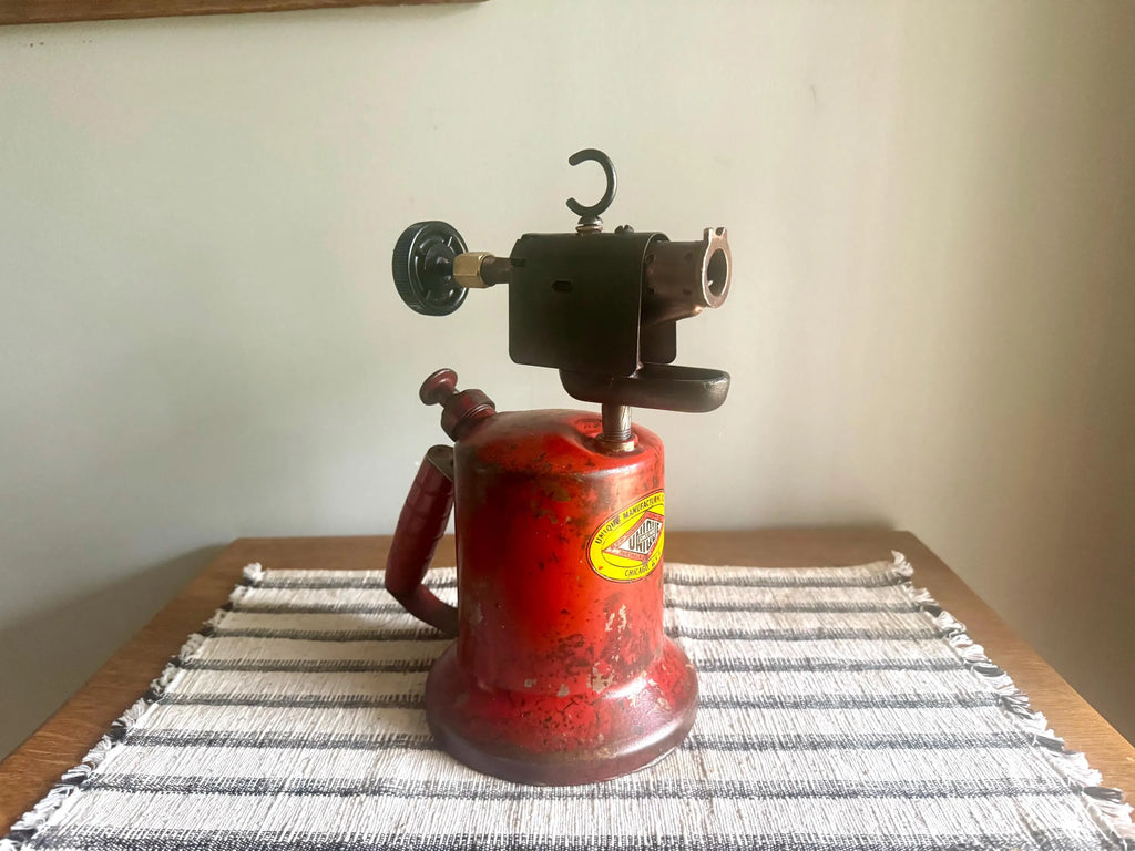 A Vtg Red Unique Mfg. Blow Torch | Unique Mfg. Co. Kerosine Blow Torch | Distressed Red Kerosine Torch | Rustic Wood Handled Blow Torch