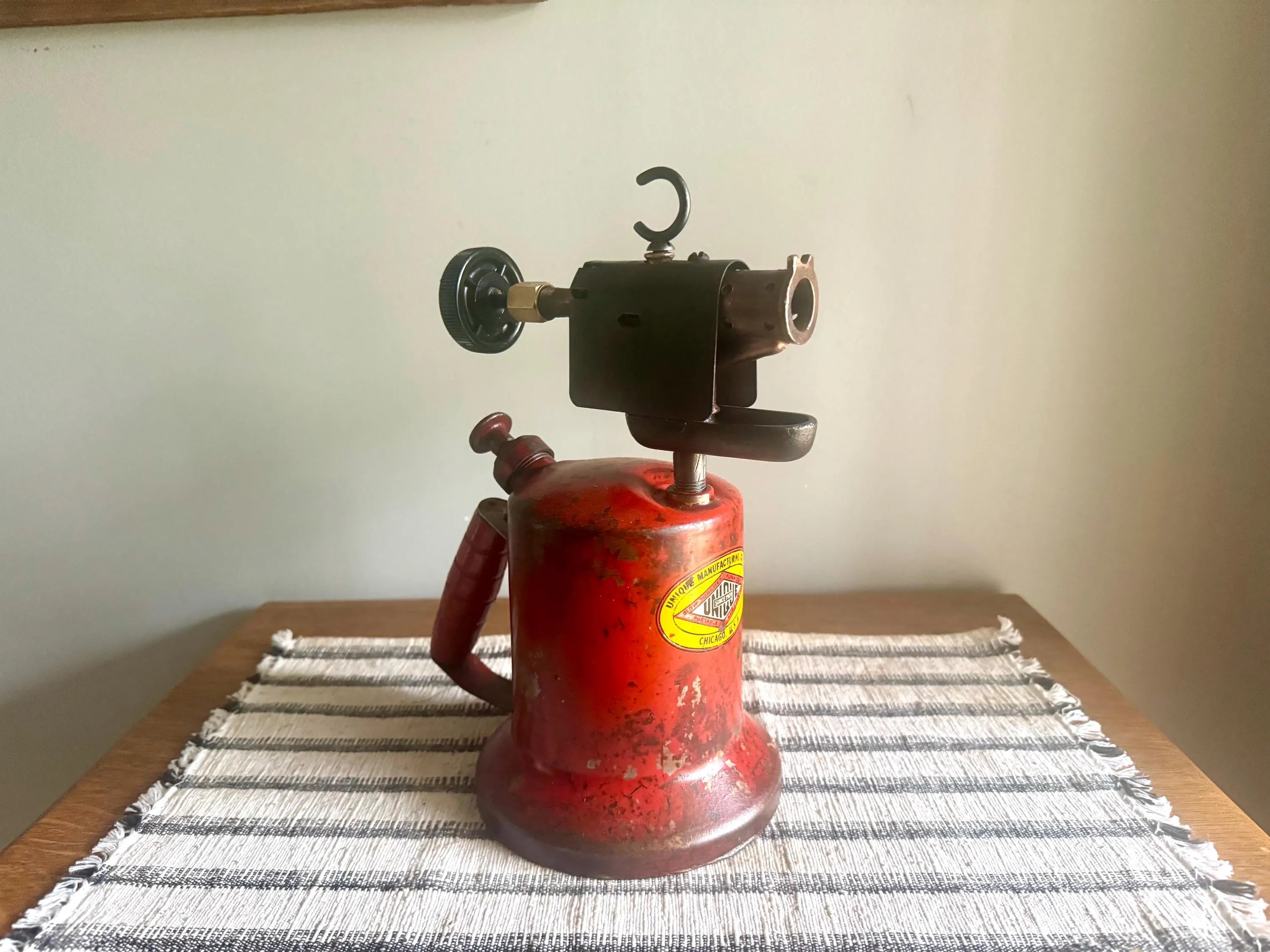 A Vtg Red Unique Mfg. Blow Torch | Unique Mfg. Co. Kerosine Blow Torch | Distressed Red Kerosine Torch | Rustic Wood Handled Blow Torch