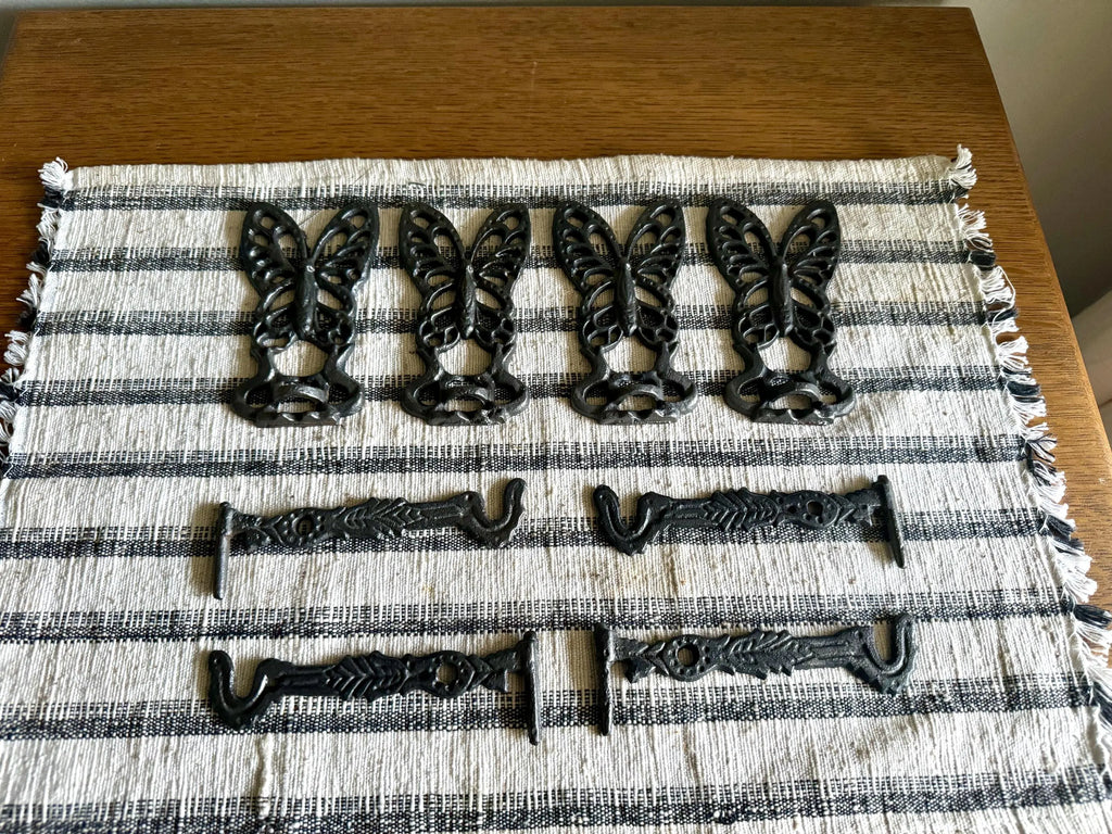 Vtg Set of 4 Cast Metal Butterfly Plant Hooks | Butterfly Wall Plant Hanging Hooks | Distressed Black Metal Butterfly Hooks