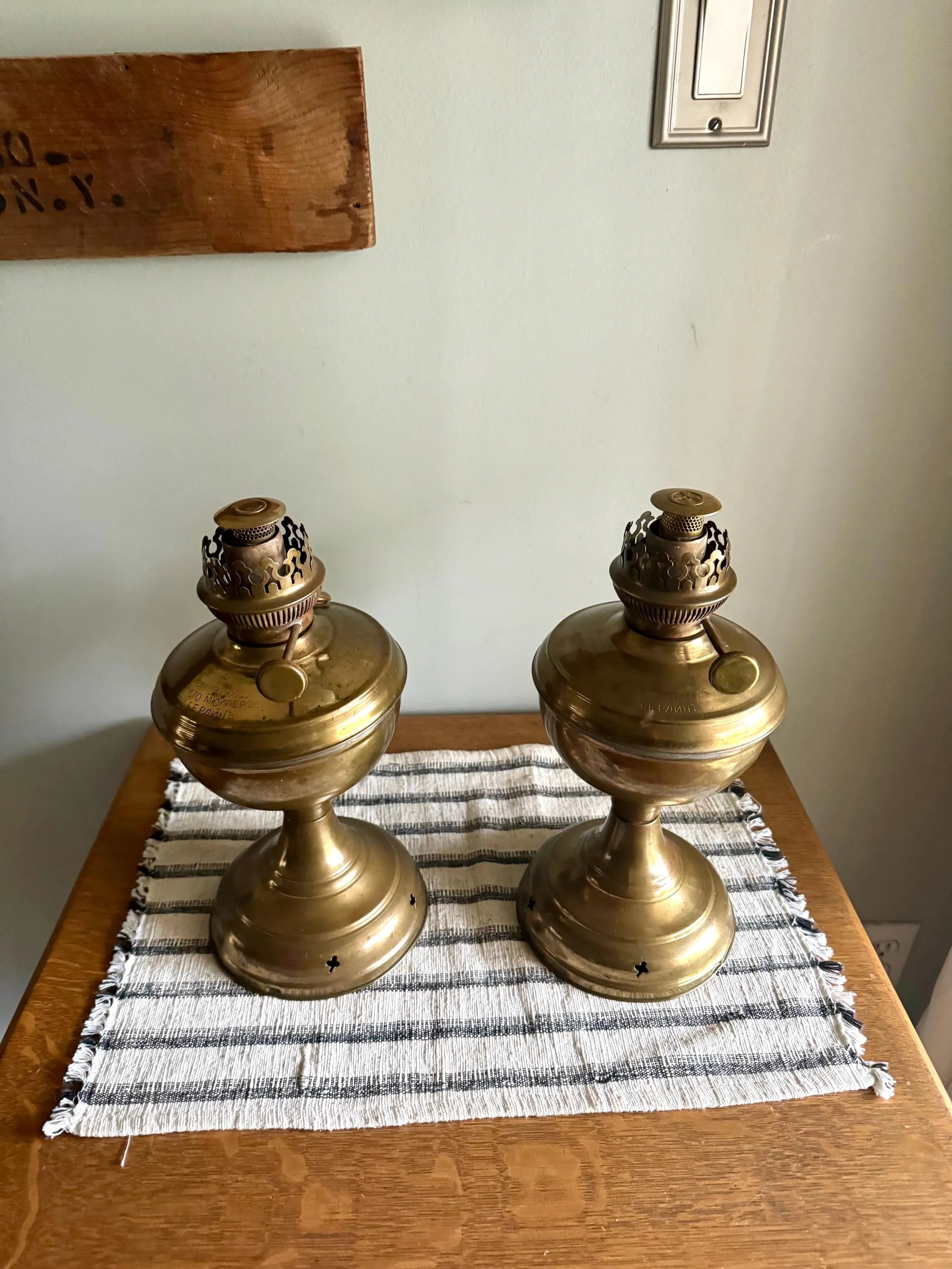 A Pair Of Brass 1880 Otto Muller Oil Lamps | Imperial Russian Brass Kerosine Lamp | Brass Chudo Lamp | Berlin Brass Oil Lamps