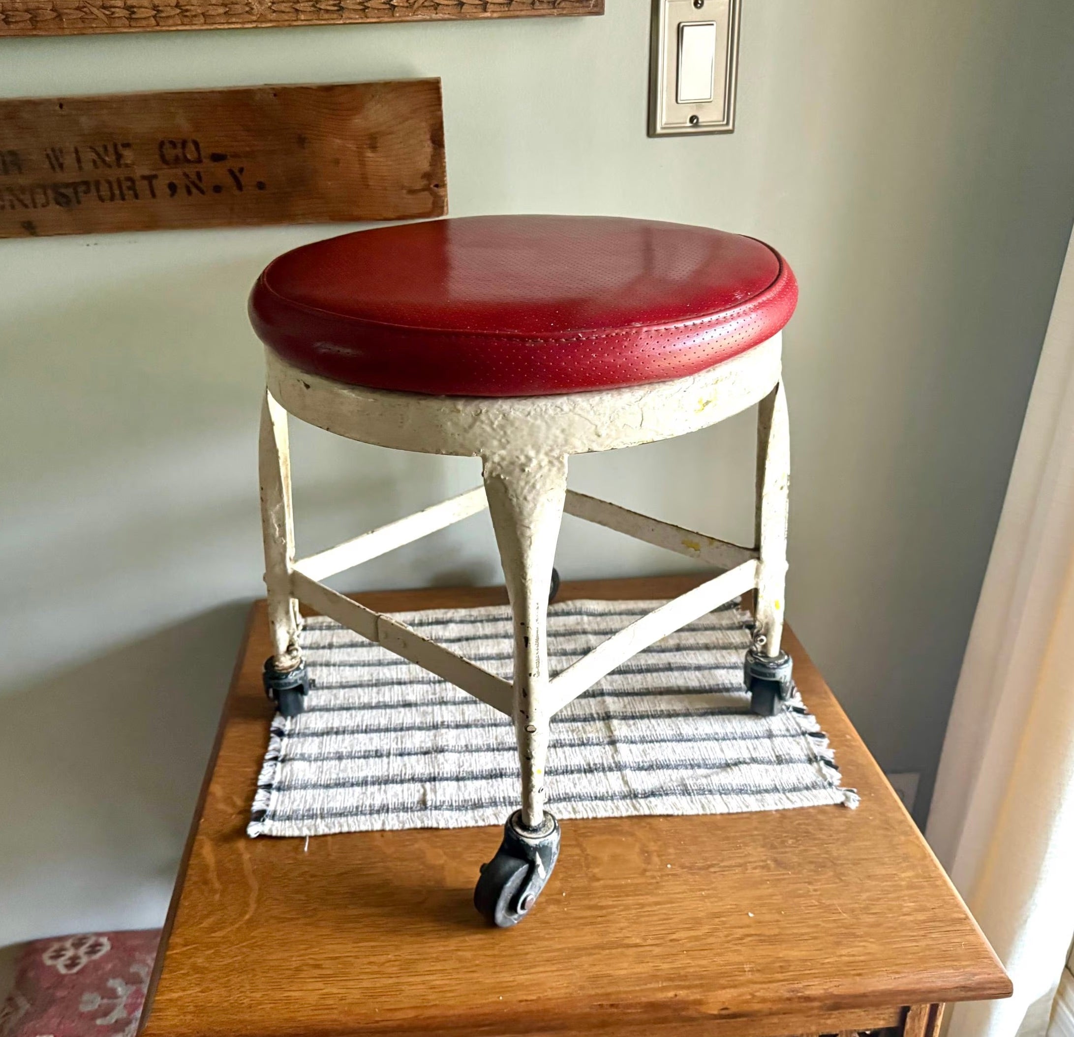 Vtg American Industrial Rolling Stool | Distressed Paint Low Metal Rolling Stool | Red Padded Small Rolling Stool | Milking Stool