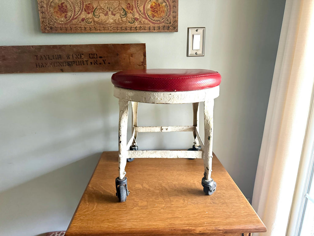 Vtg American Industrial Rolling Stool | Distressed Paint Low Metal Rolling Stool | Red Padded Small Rolling Stool | Milking Stool