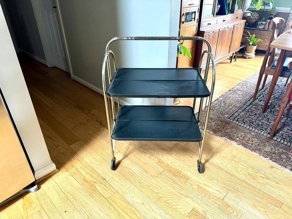 Vtg Distressed Folding Bar Cart | MCM Metal Serving Cart | Black and Gold 2 Tier Bar Cart | Utility Versa-Cart | Rolling Bar Cart Shelving