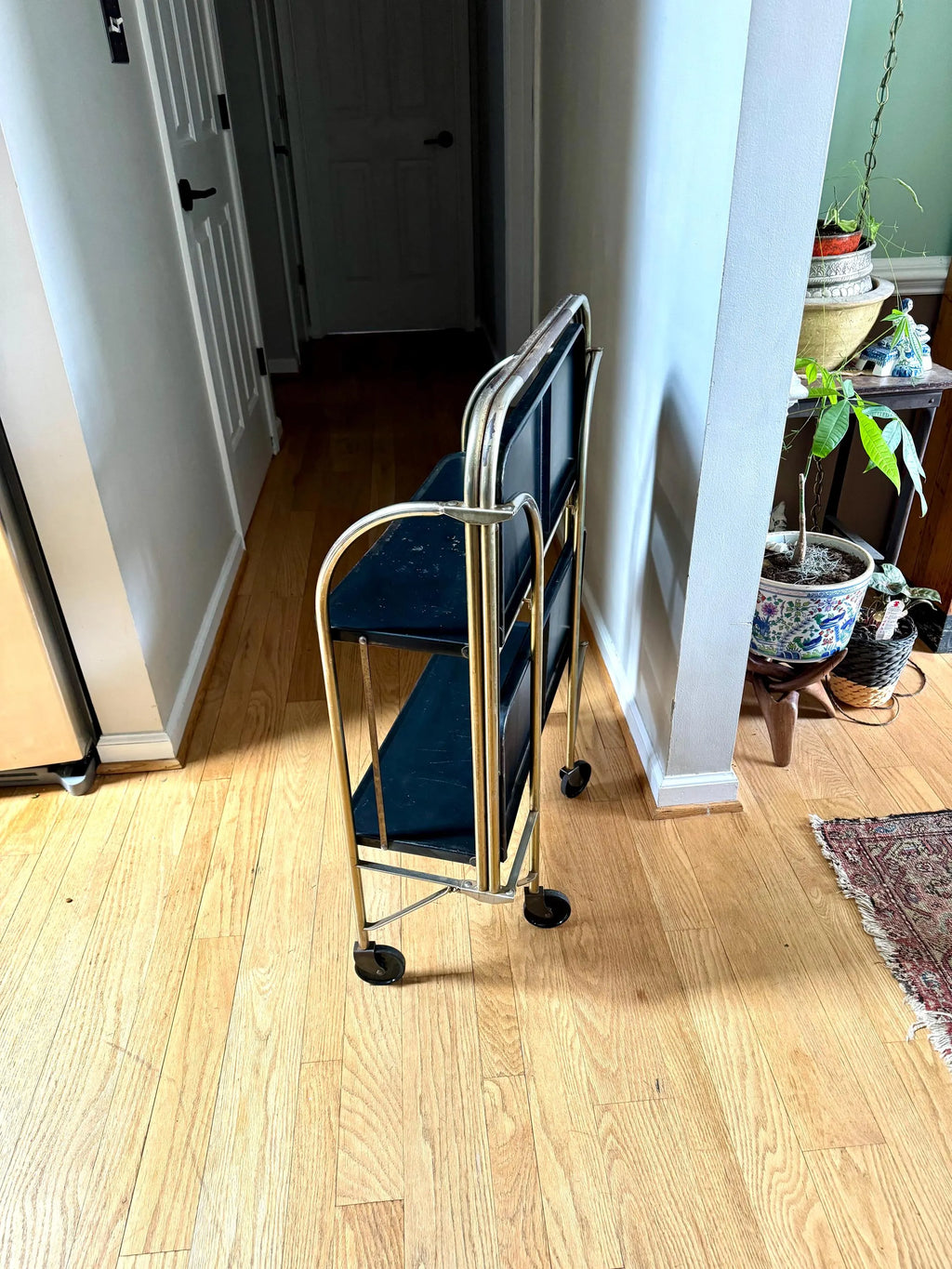Vtg Distressed Folding Bar Cart | MCM Metal Serving Cart | Black and Gold 2 Tier Bar Cart | Utility Versa-Cart | Rolling Bar Cart Shelving