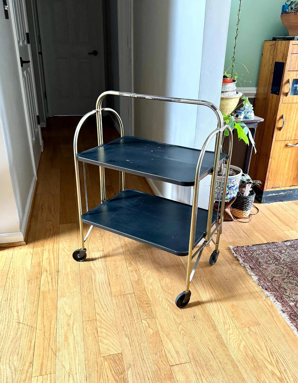 Vtg Distressed Folding Bar Cart | MCM Metal Serving Cart | Black and Gold 2 Tier Bar Cart | Utility Versa-Cart | Rolling Bar Cart Shelving