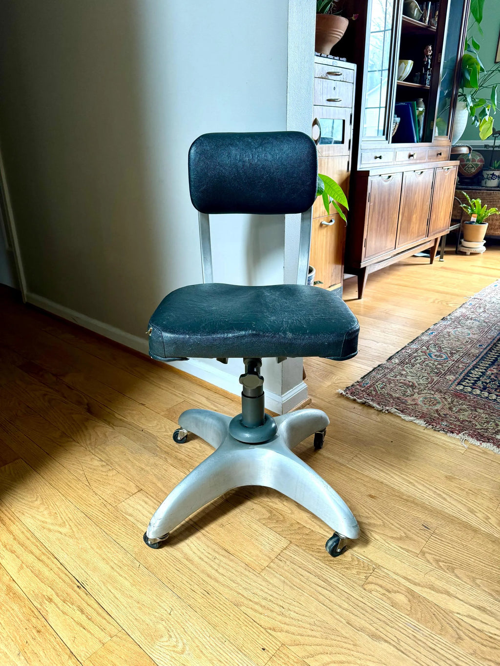 Vtg Industrial Drafting Chair | Good Form Office Chair | Art Deco Gio Ponti Padded Office Chair| Black Rolling Adjustable Swivel Chair