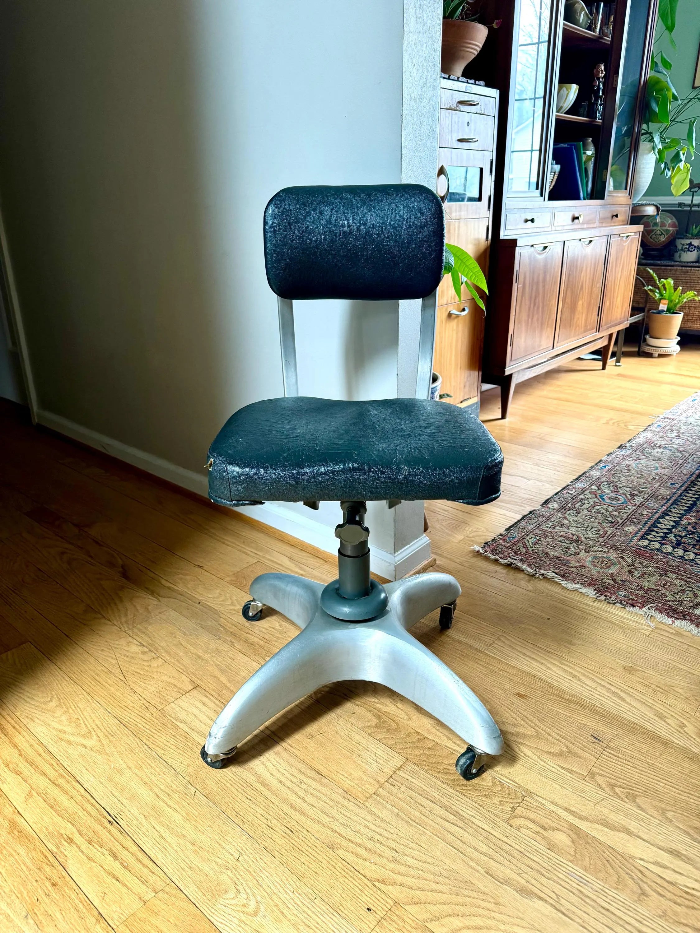 Vtg Industrial Drafting Chair | Good Form Office Chair | Art Deco Gio Ponti Padded Office Chair| Black Rolling Adjustable Swivel Chair