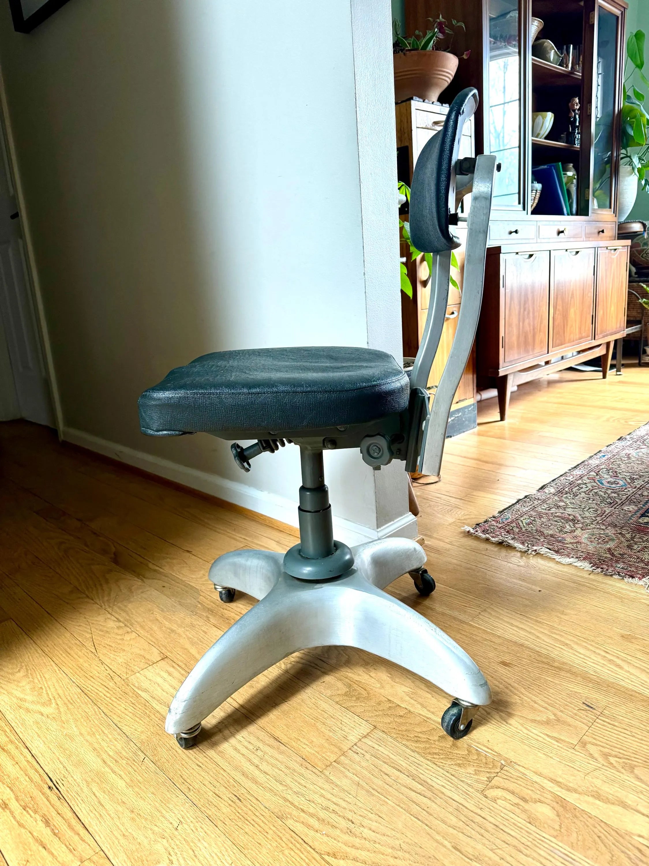 Vtg Industrial Drafting Chair | Good Form Office Chair | Art Deco Gio Ponti Padded Office Chair| Black Rolling Adjustable Swivel Chair