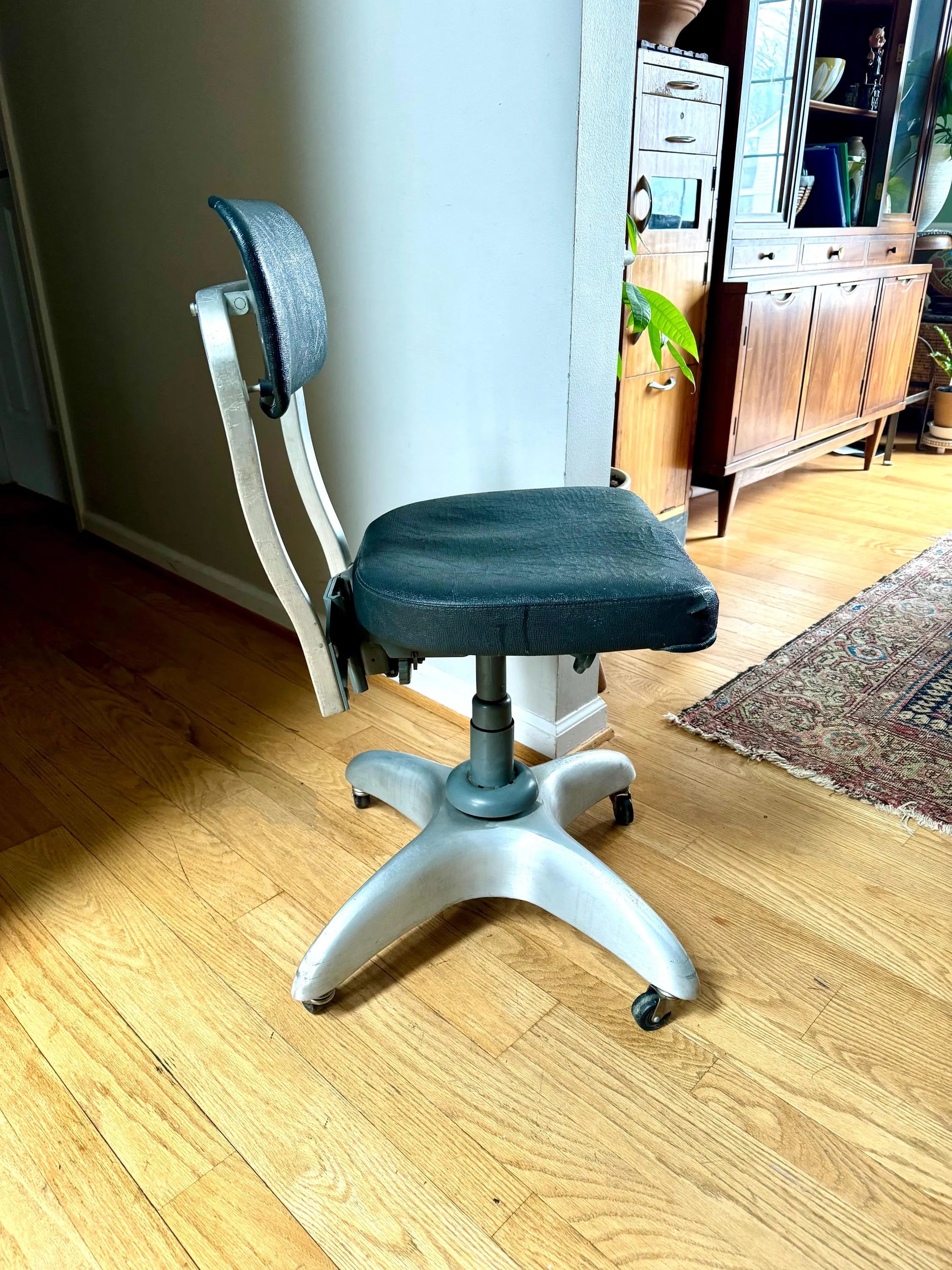 Vtg Industrial Drafting Chair | Good Form Office Chair | Art Deco Gio Ponti Padded Office Chair| Black Rolling Adjustable Swivel Chair