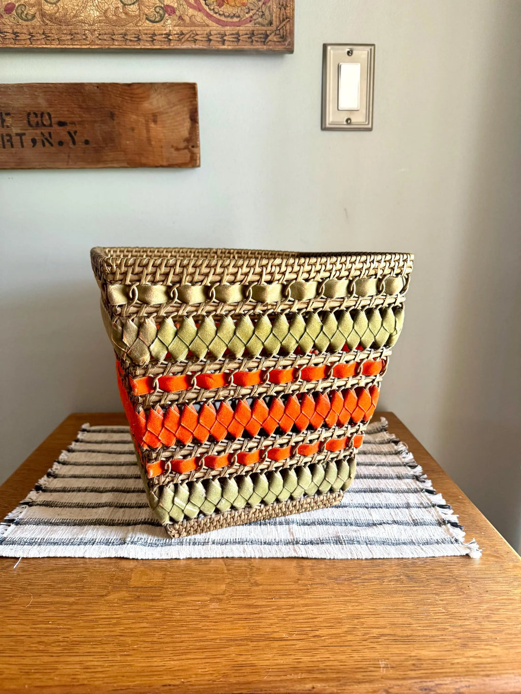 Vtg Wicker and Velveteen Ribbon Waste Basket | Woven Wicker Ribbon Trash Can | Woven Wicker and Ribbon Basket | Rattan Waste Basket