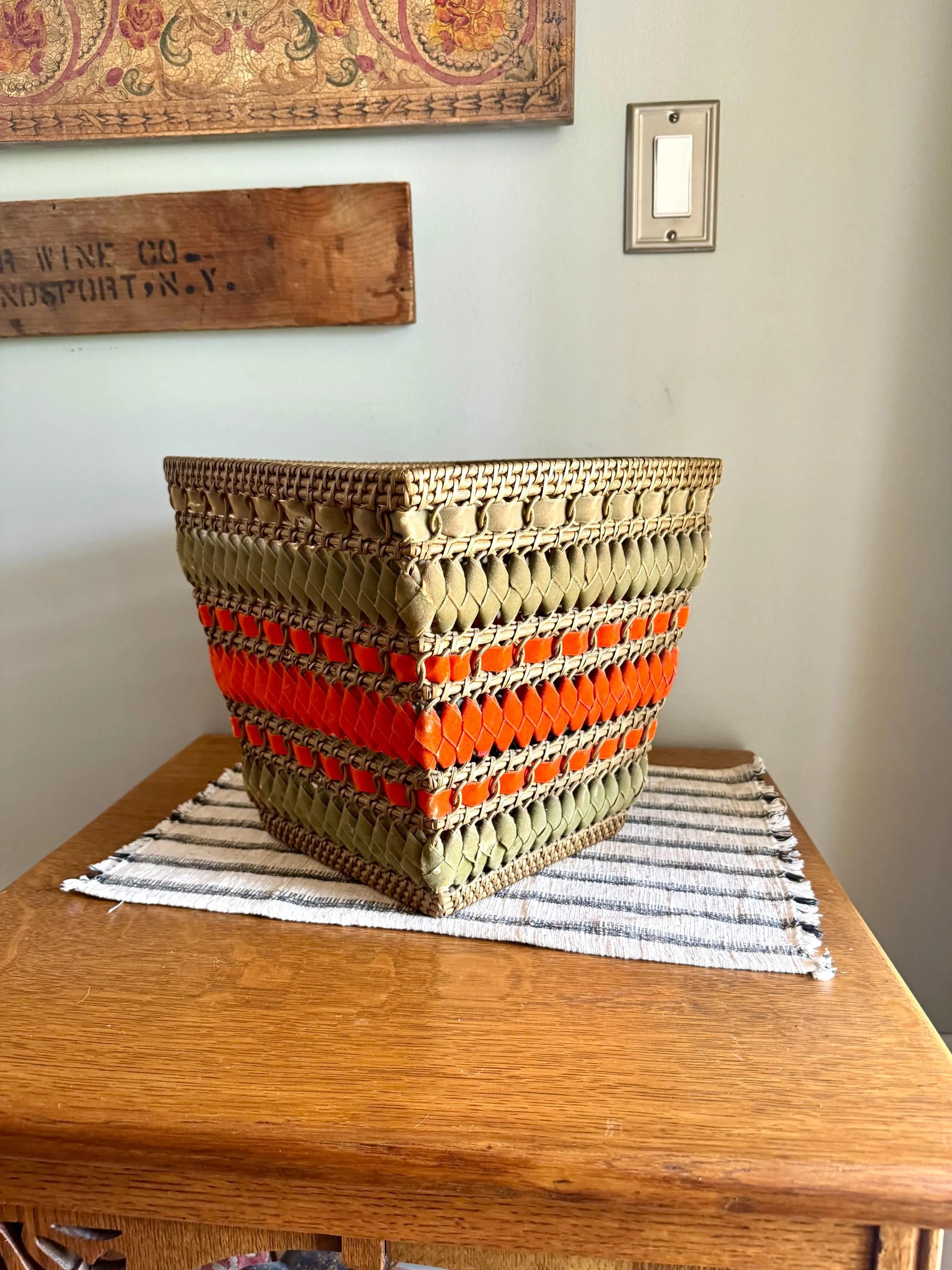 Vtg Wicker and Velveteen Ribbon Waste Basket | Woven Wicker Ribbon Trash Can | Woven Wicker and Ribbon Basket | Rattan Waste Basket