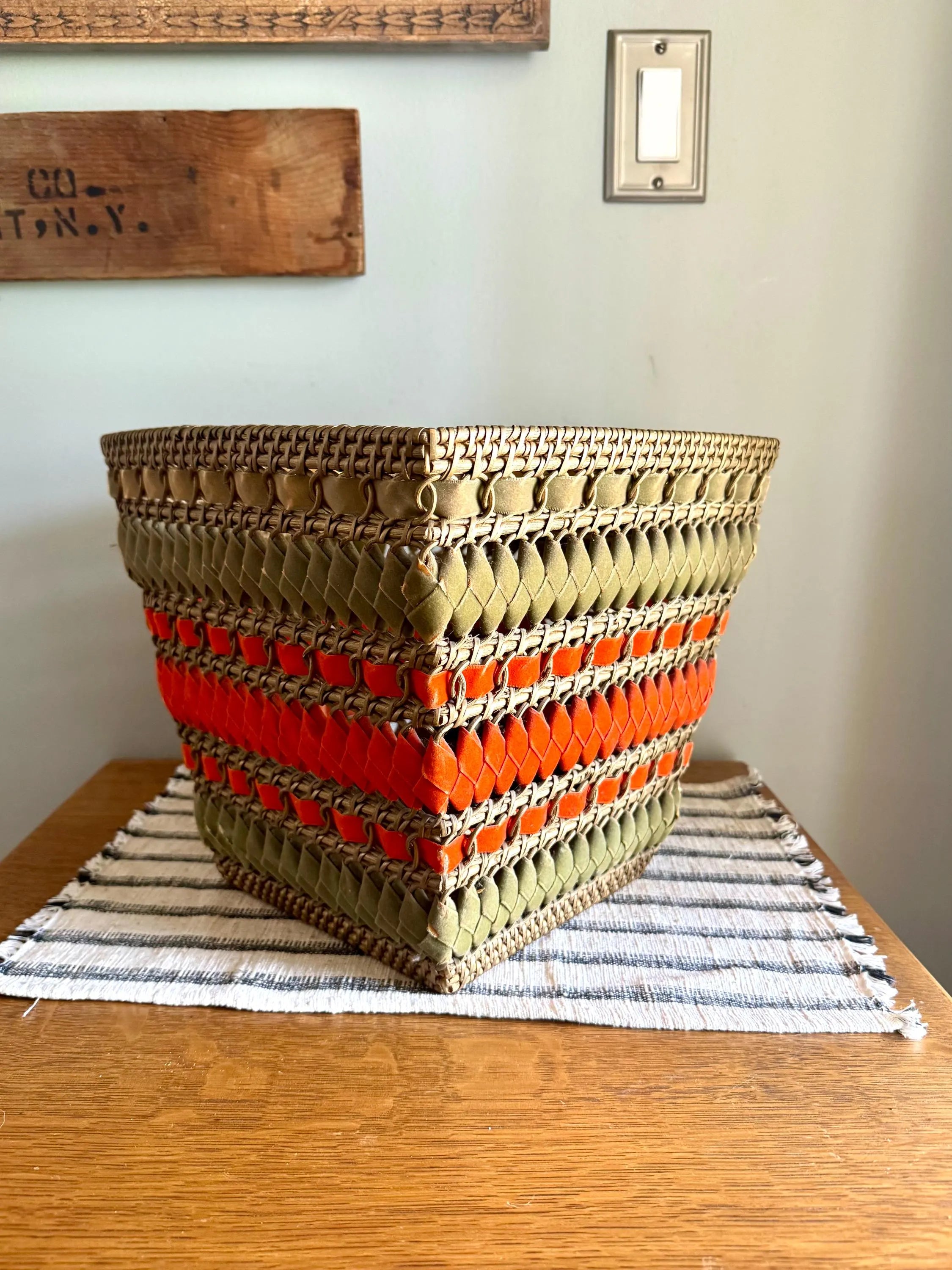 Vtg Wicker and Velveteen Ribbon Waste Basket | Woven Wicker Ribbon Trash Can | Woven Wicker and Ribbon Basket | Rattan Waste Basket