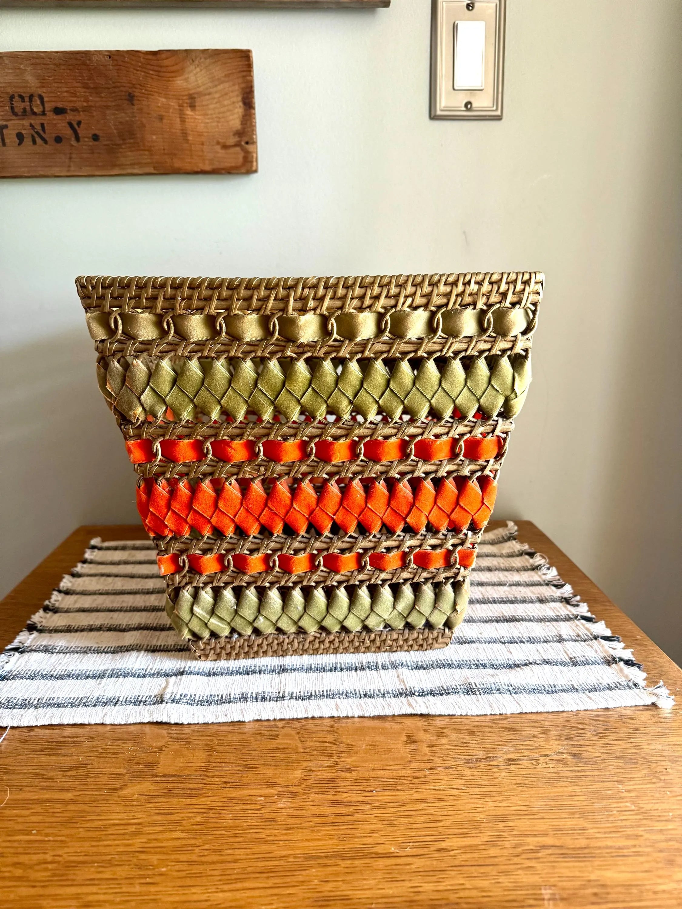 Vtg Wicker and Velveteen Ribbon Waste Basket | Woven Wicker Ribbon Trash Can | Woven Wicker and Ribbon Basket | Rattan Waste Basket