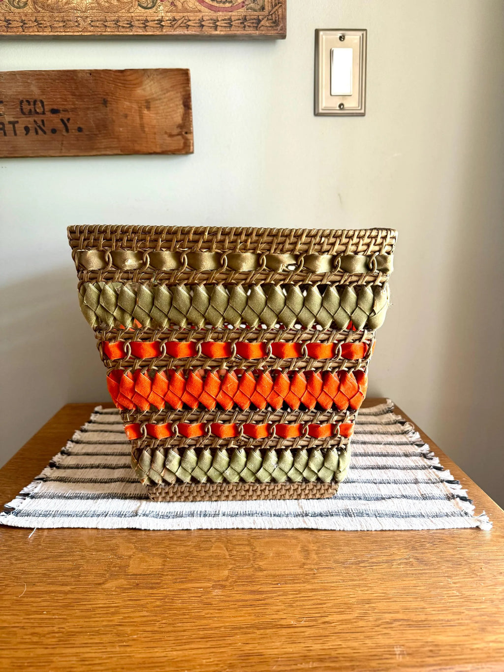 Vtg Wicker and Velveteen Ribbon Waste Basket | Woven Wicker Ribbon Trash Can | Woven Wicker and Ribbon Basket | Rattan Waste Basket