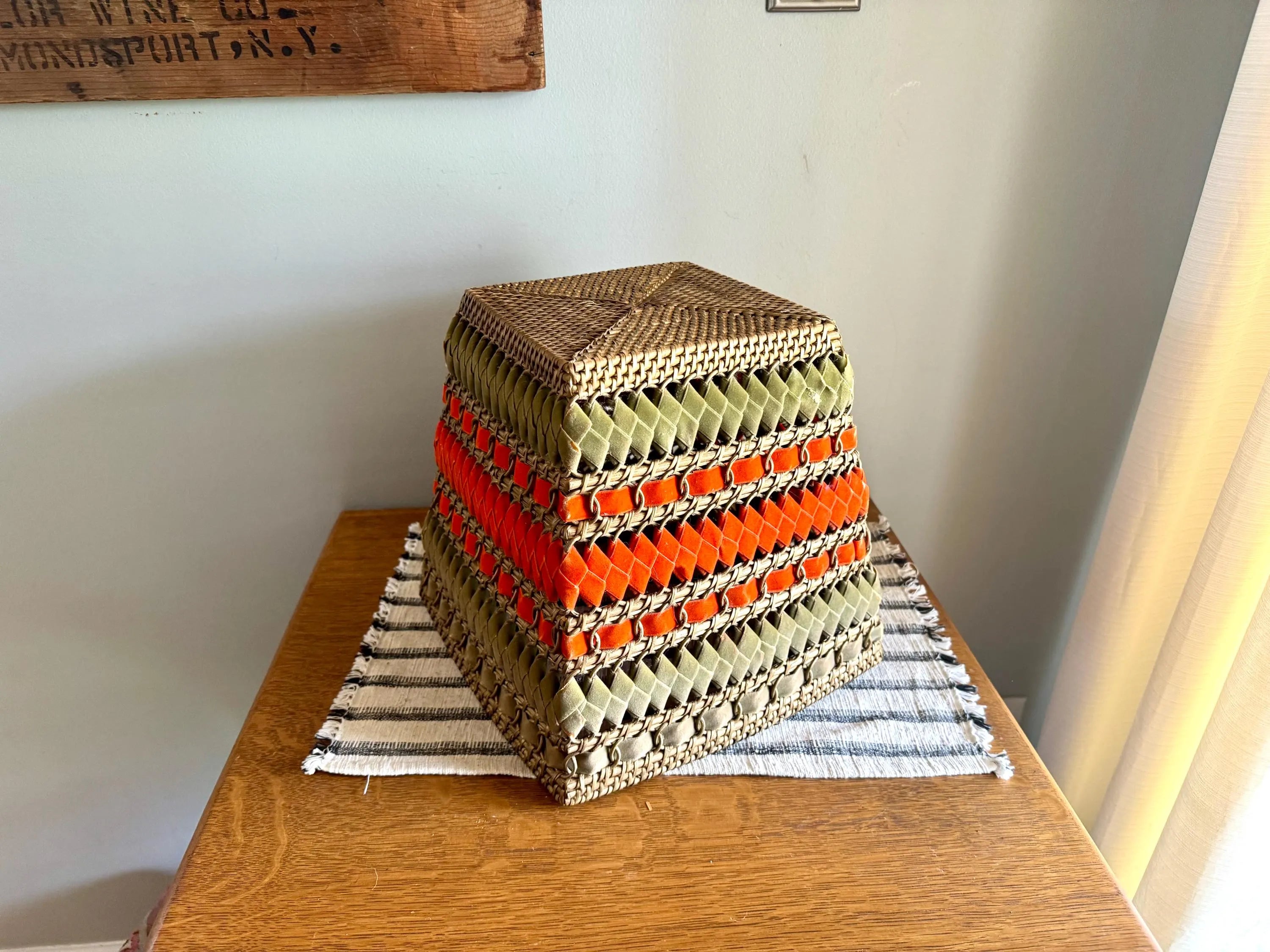 Vtg Wicker and Velveteen Ribbon Waste Basket | Woven Wicker Ribbon Trash Can | Woven Wicker and Ribbon Basket | Rattan Waste Basket