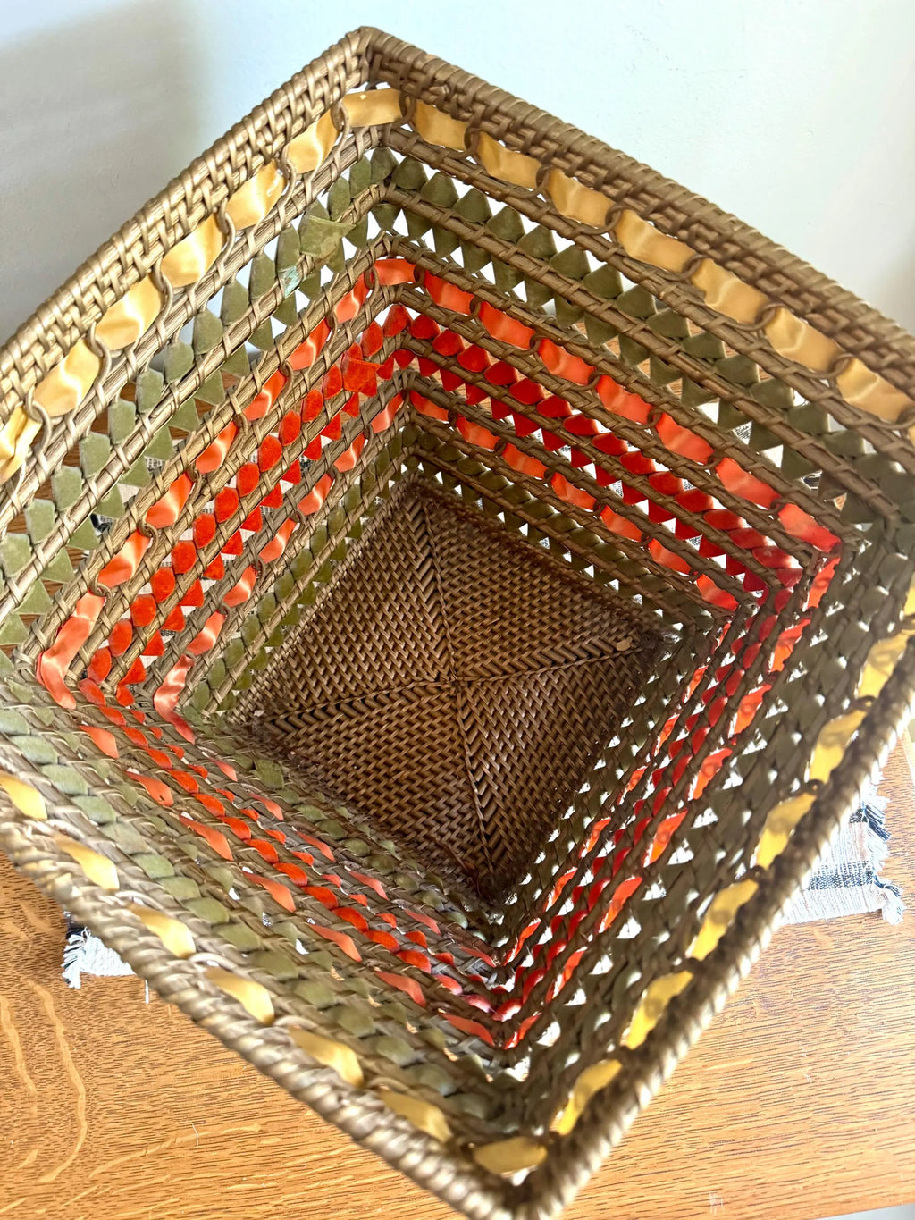 Vtg Wicker and Velveteen Ribbon Waste Basket | Woven Wicker Ribbon Trash Can | Woven Wicker and Ribbon Basket | Rattan Waste Basket