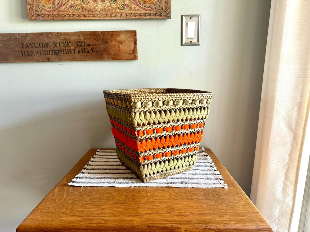 Vtg Wicker and Velveteen Ribbon Waste Basket | Woven Wicker Ribbon Trash Can | Woven Wicker and Ribbon Basket | Rattan Waste Basket