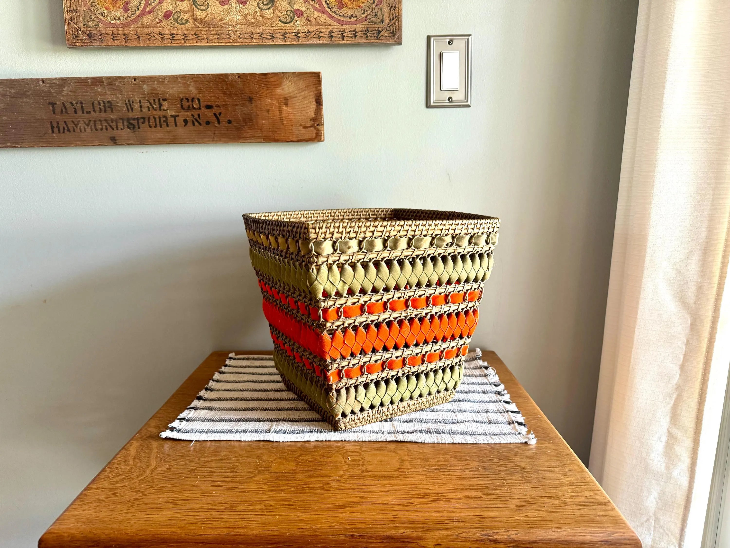 Vtg Wicker and Velveteen Ribbon Waste Basket | Woven Wicker Ribbon Trash Can | Woven Wicker and Ribbon Basket | Rattan Waste Basket