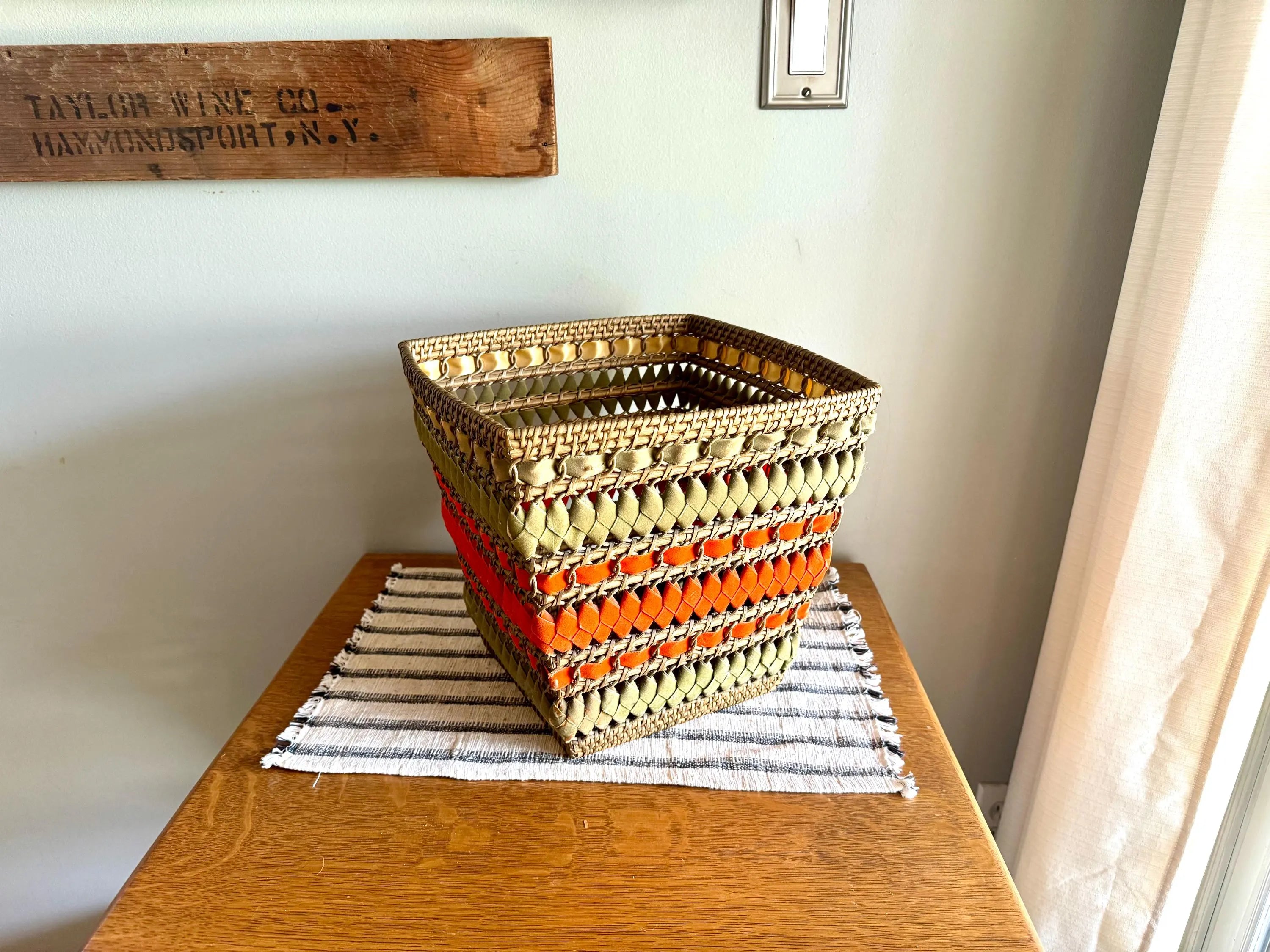 Vtg Wicker and Velveteen Ribbon Waste Basket | Woven Wicker Ribbon Trash Can | Woven Wicker and Ribbon Basket | Rattan Waste Basket