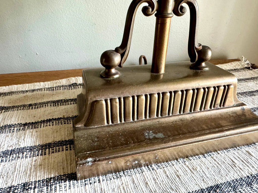 Vtg Distress Small Brass Piano Lamp | Ornate Brass Bankers Lamp | Rustic Brass Victorian Desk Lamp | Brass Patina Bankers Lamp