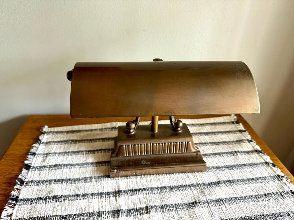Vtg Distress Small Brass Piano Lamp | Ornate Brass Bankers Lamp | Rustic Brass Victorian Desk Lamp | Brass Patina Bankers Lamp