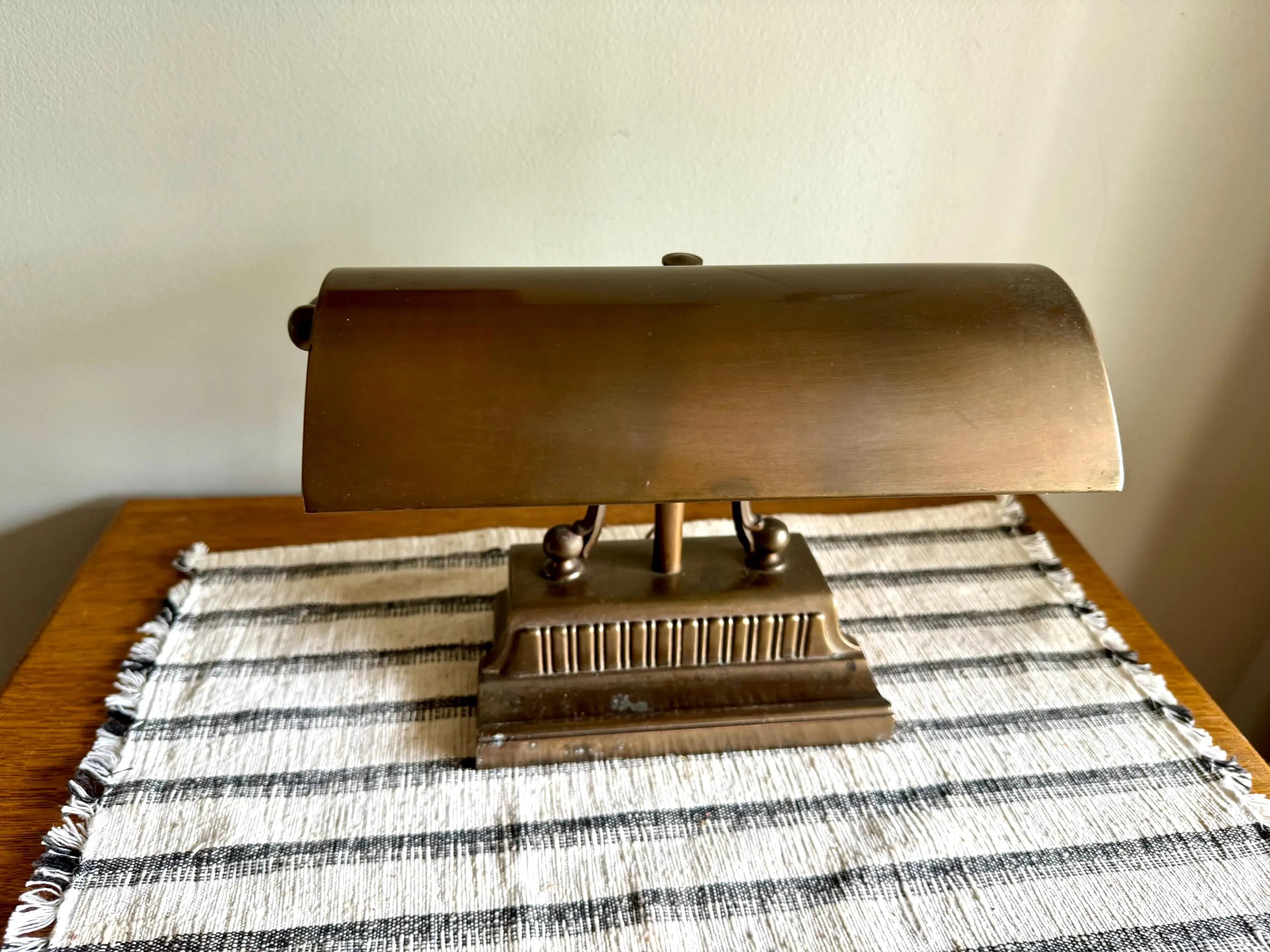Vtg Distress Small Brass Piano Lamp | Ornate Brass Bankers Lamp | Rustic Brass Victorian Desk Lamp | Brass Patina Bankers Lamp