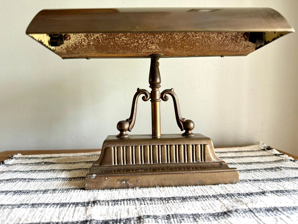 Vtg Distress Small Brass Piano Lamp | Ornate Brass Bankers Lamp | Rustic Brass Victorian Desk Lamp | Brass Patina Bankers Lamp