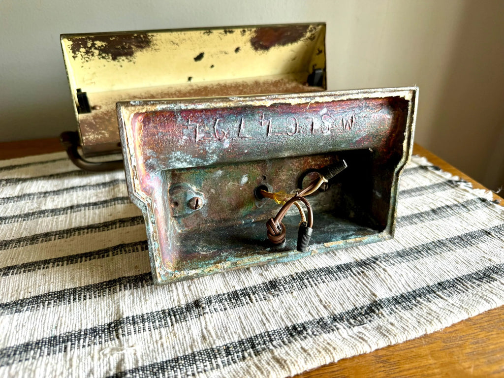 Vtg Distress Small Brass Piano Lamp | Ornate Brass Bankers Lamp | Rustic Brass Victorian Desk Lamp | Brass Patina Bankers Lamp