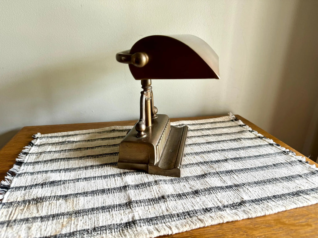 Vtg Distress Small Brass Piano Lamp | Ornate Brass Bankers Lamp | Rustic Brass Victorian Desk Lamp | Brass Patina Bankers Lamp
