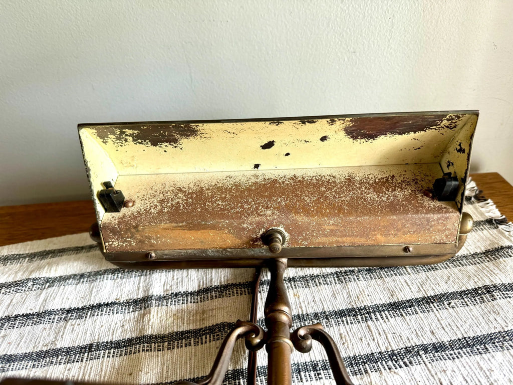 Vtg Distress Small Brass Piano Lamp | Ornate Brass Bankers Lamp | Rustic Brass Victorian Desk Lamp | Brass Patina Bankers Lamp