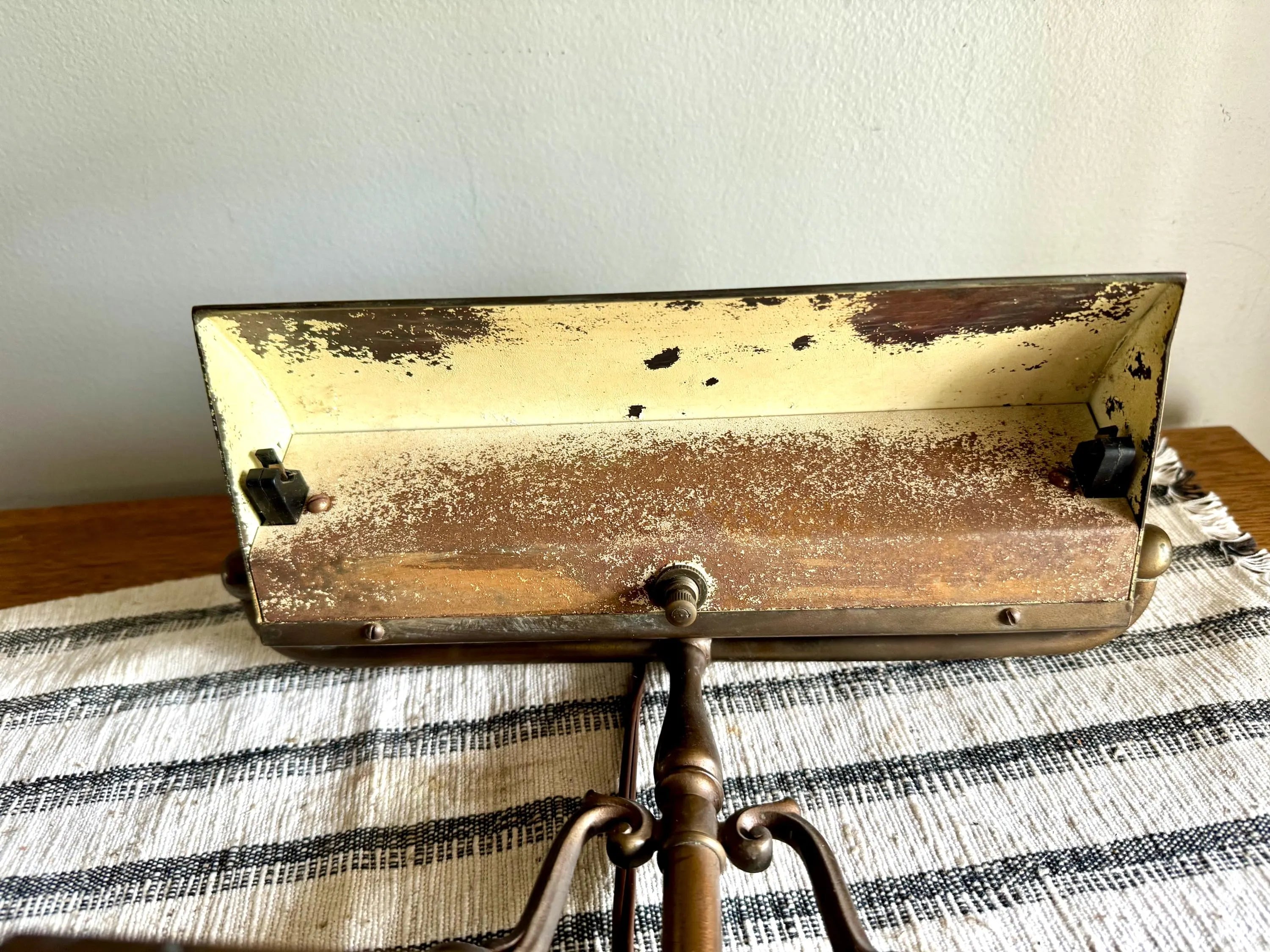 Vtg Distress Small Brass Piano Lamp | Ornate Brass Bankers Lamp | Rustic Brass Victorian Desk Lamp | Brass Patina Bankers Lamp