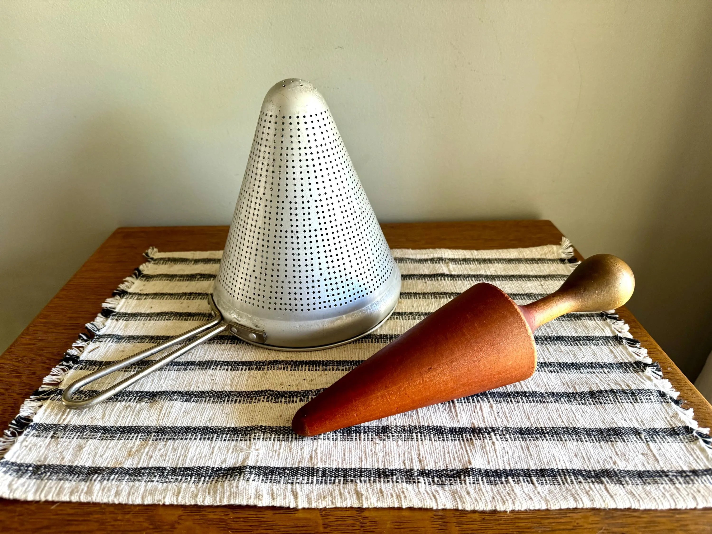 Vtg Sieve Strainer | Wearever Aluminum Canning Strainer and Wood Pestle | Coned Canner 1950'S Cookware | Retro Kitchen