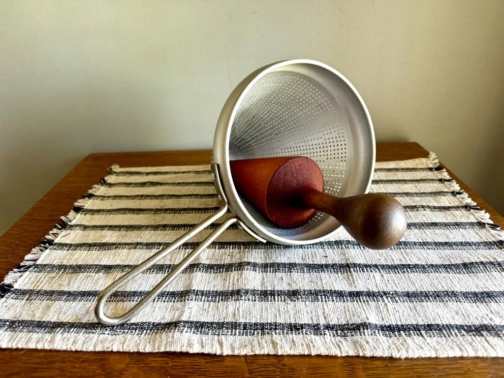 Vtg Sieve Strainer | Wearever Aluminum Canning Strainer and Wood Pestle | Coned Canner 1950'S Cookware | Retro Kitchen