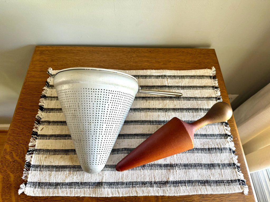 Vtg Sieve Strainer | Wearever Aluminum Canning Strainer and Wood Pestle | Coned Canner 1950'S Cookware | Retro Kitchen