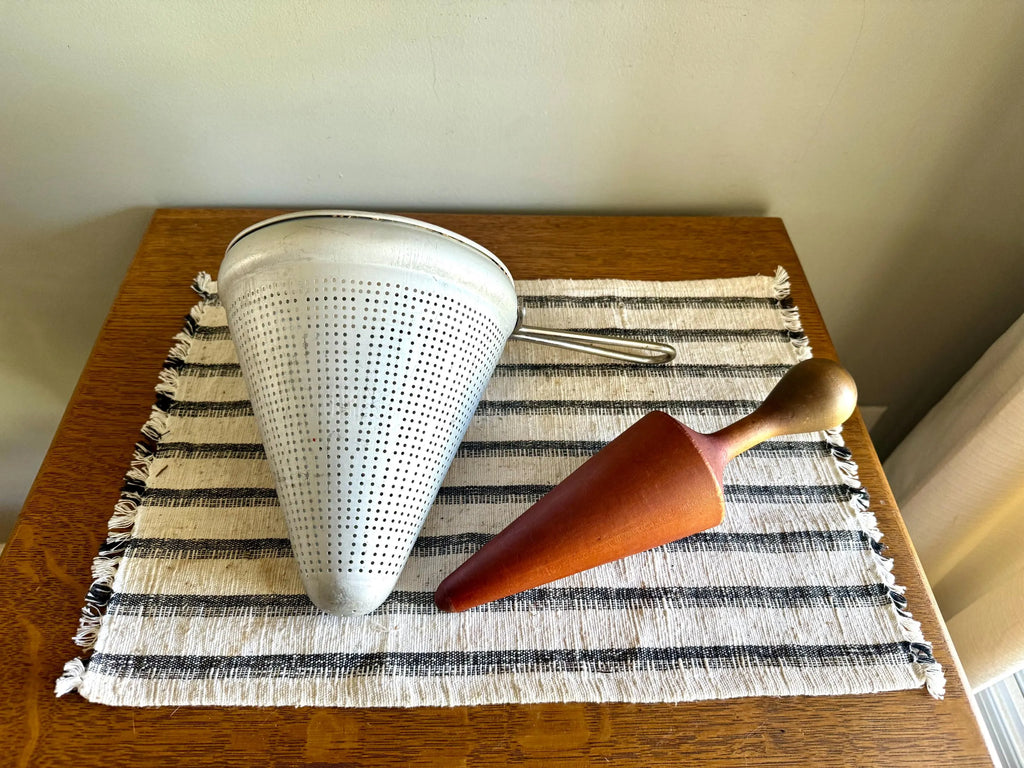 Vtg Sieve Strainer | Wearever Aluminum Canning Strainer and Wood Pestle | Coned Canner 1950'S Cookware | Retro Kitchen