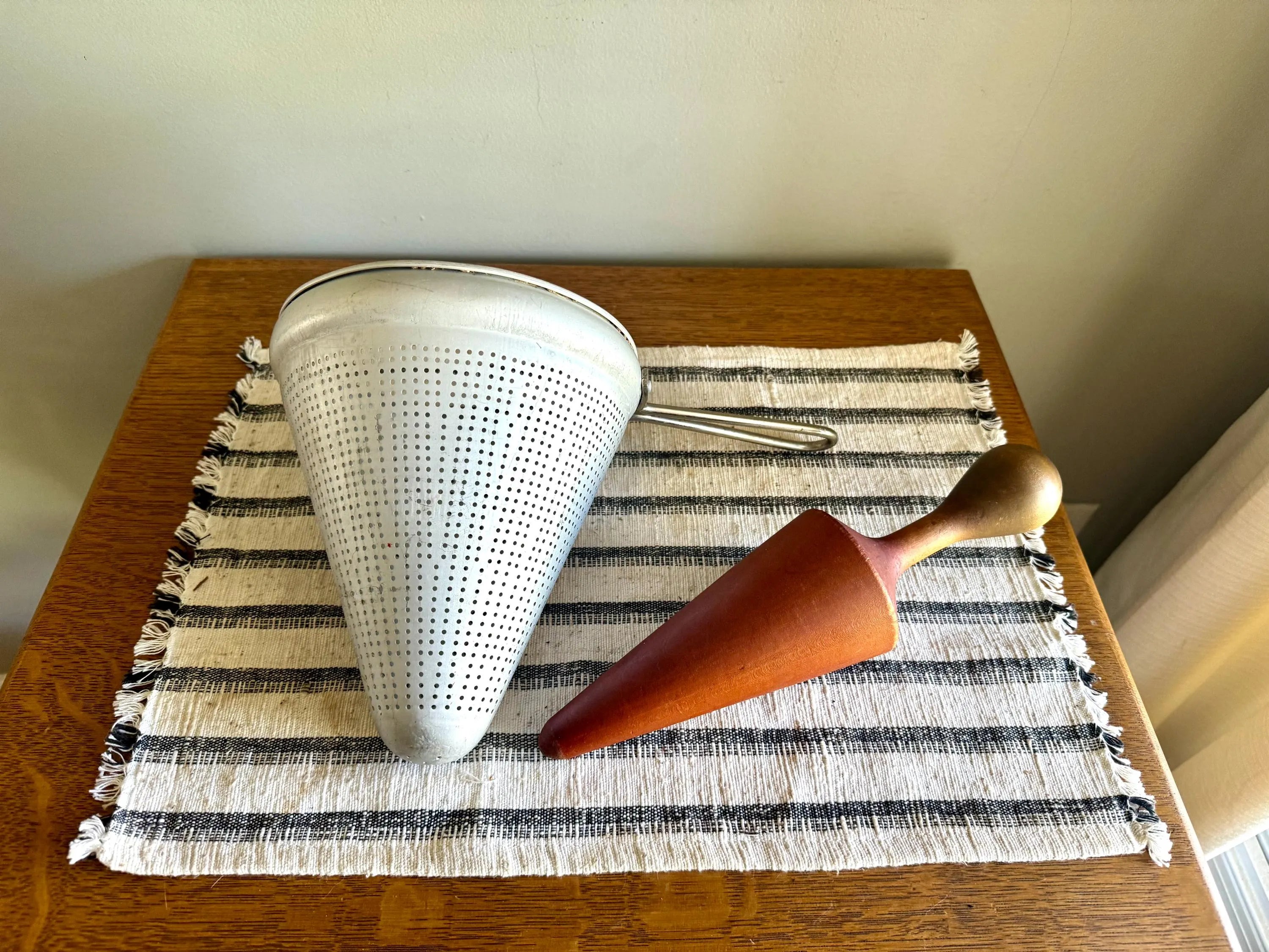 Vtg Sieve Strainer | Wearever Aluminum Canning Strainer and Wood Pestle | Coned Canner 1950'S Cookware | Retro Kitchen