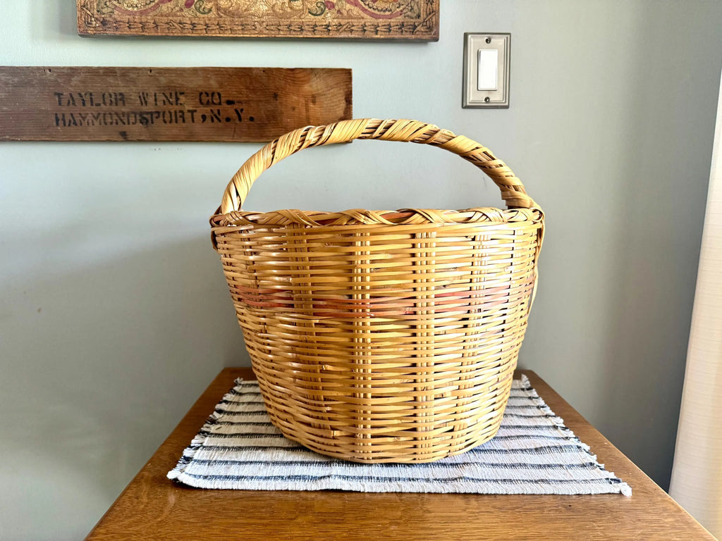 Vtg Large Wicker Basket | Colorful Rattan Basket | Wicker Hamper | Woven Wicker Blanket Storage | Bohemian Storage | Gathering Basket