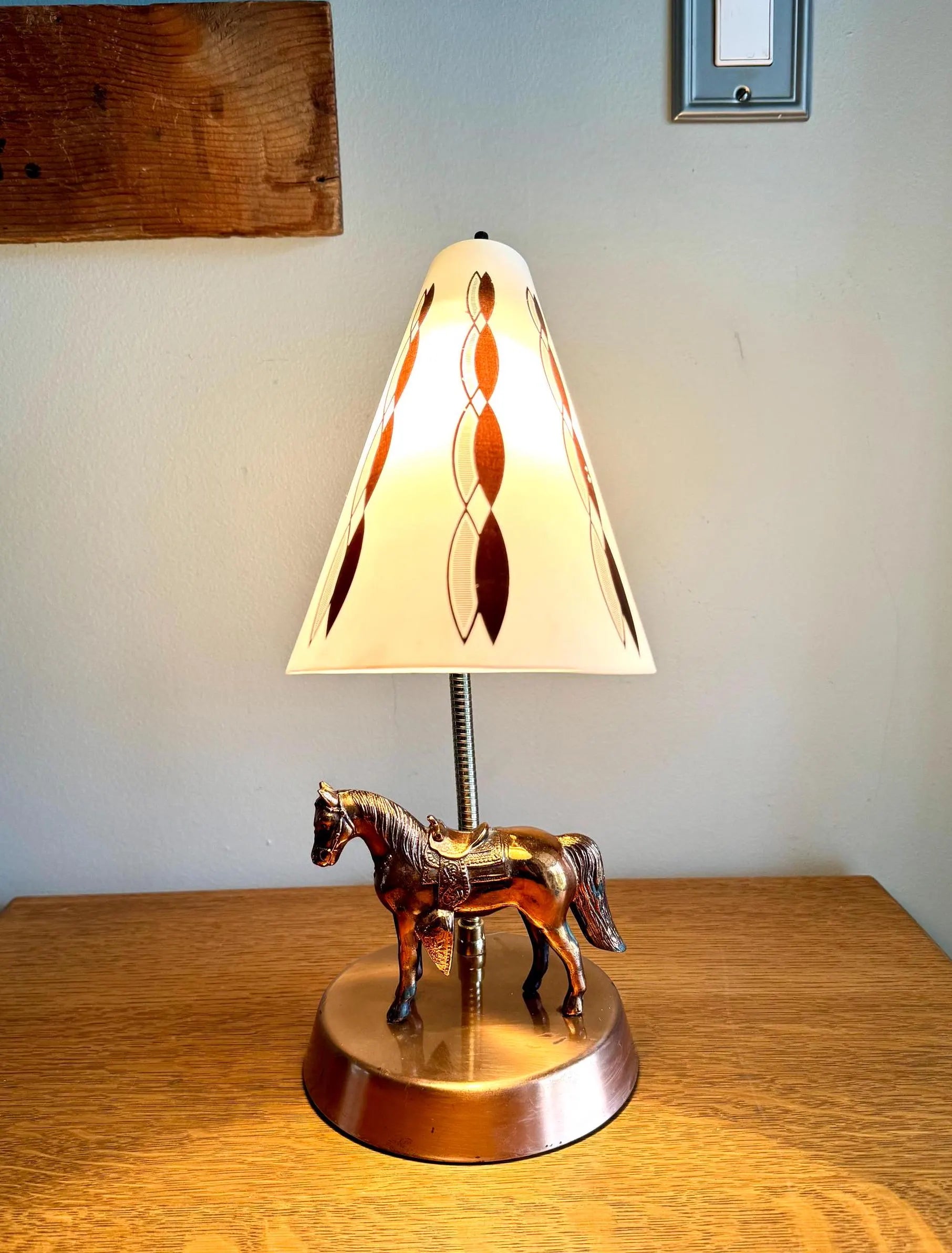 Vtg MCM Copper Horse Lamp | Equestrian Copper Gooseneck Lamp | Coned Shade Horse Lamp | Copper Horse MCM Table Gooseneck Lamp