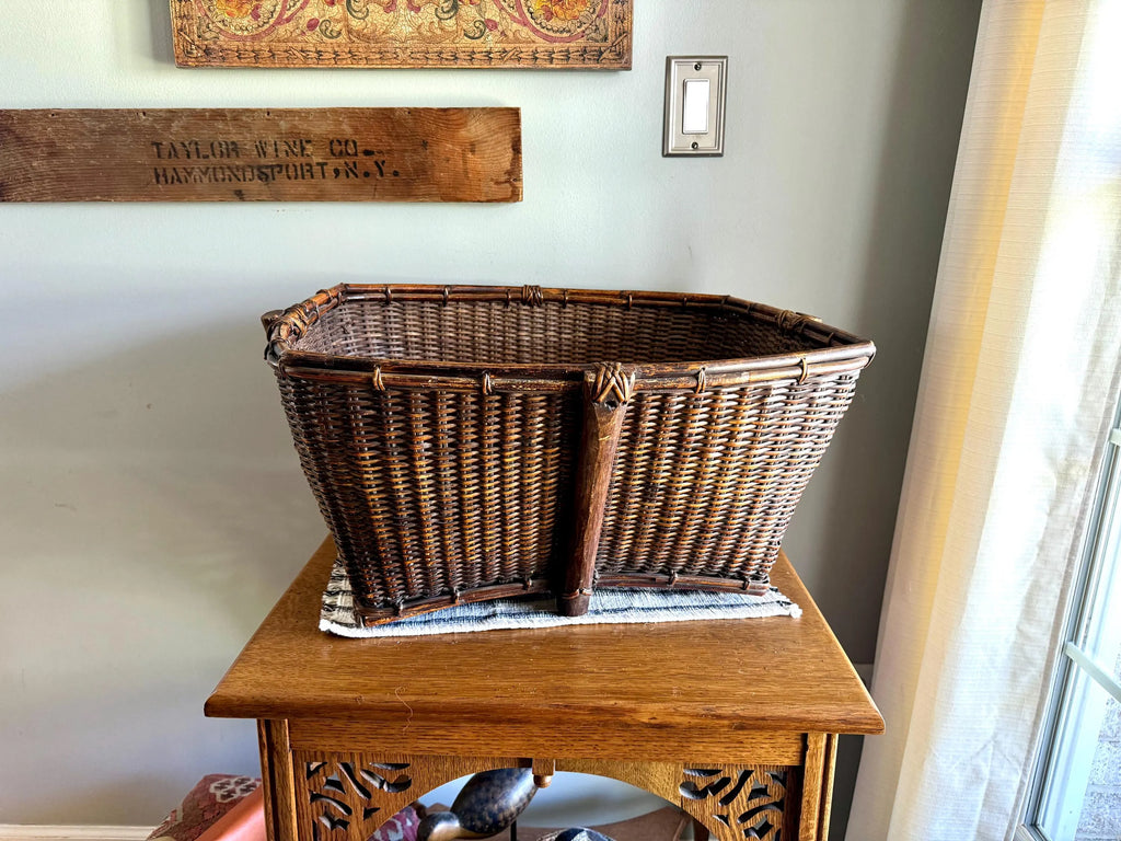 Antique Woven Wicker and Hand Cut Wood Basket  | Large Rattan Drying Basket | Wicker Hamper| Woven Wicker Blanket Storage| Bohemian Storage