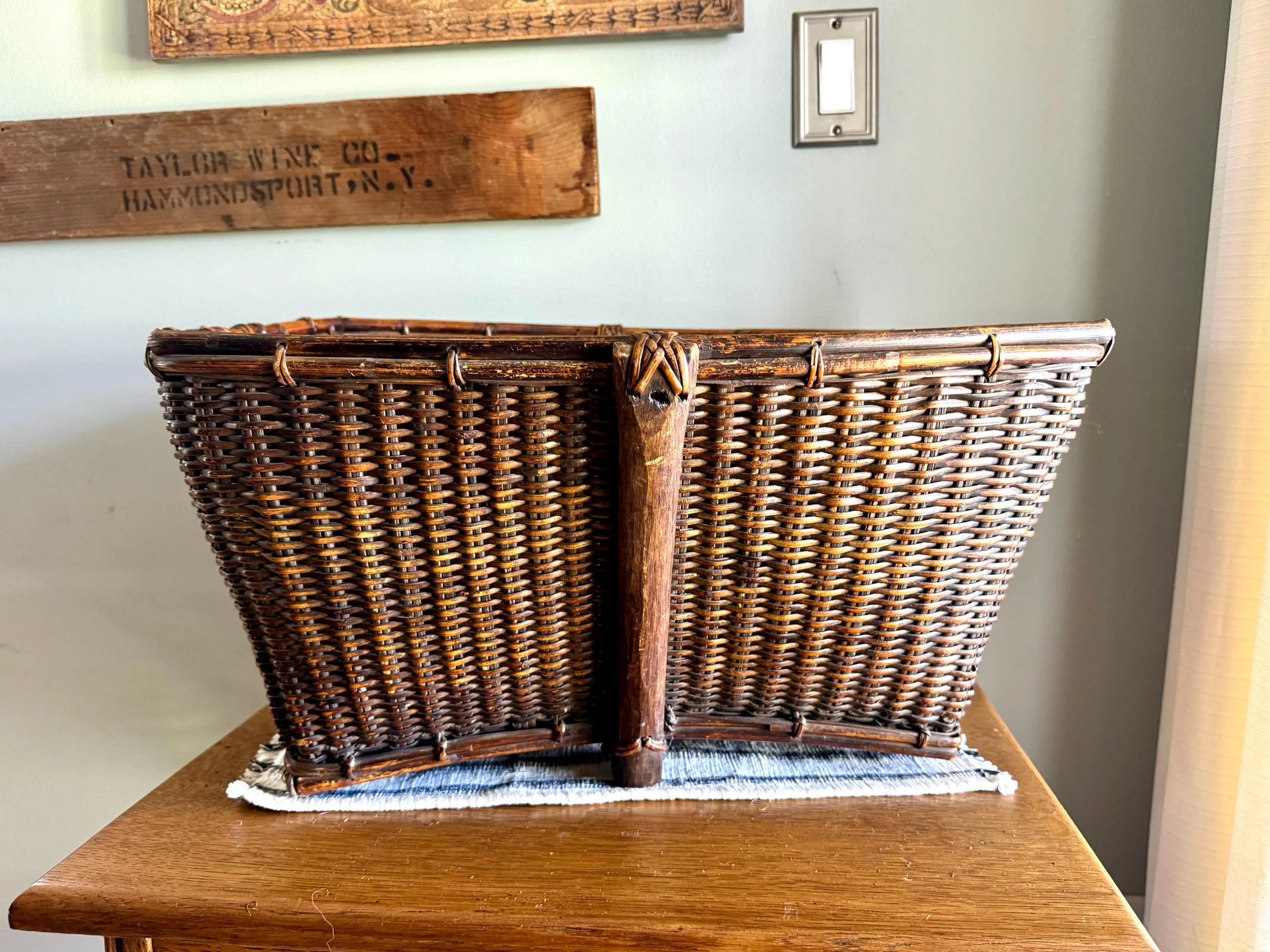 Antique Woven Wicker and Hand Cut Wood Basket  | Large Rattan Drying Basket | Wicker Hamper| Woven Wicker Blanket Storage| Bohemian Storage