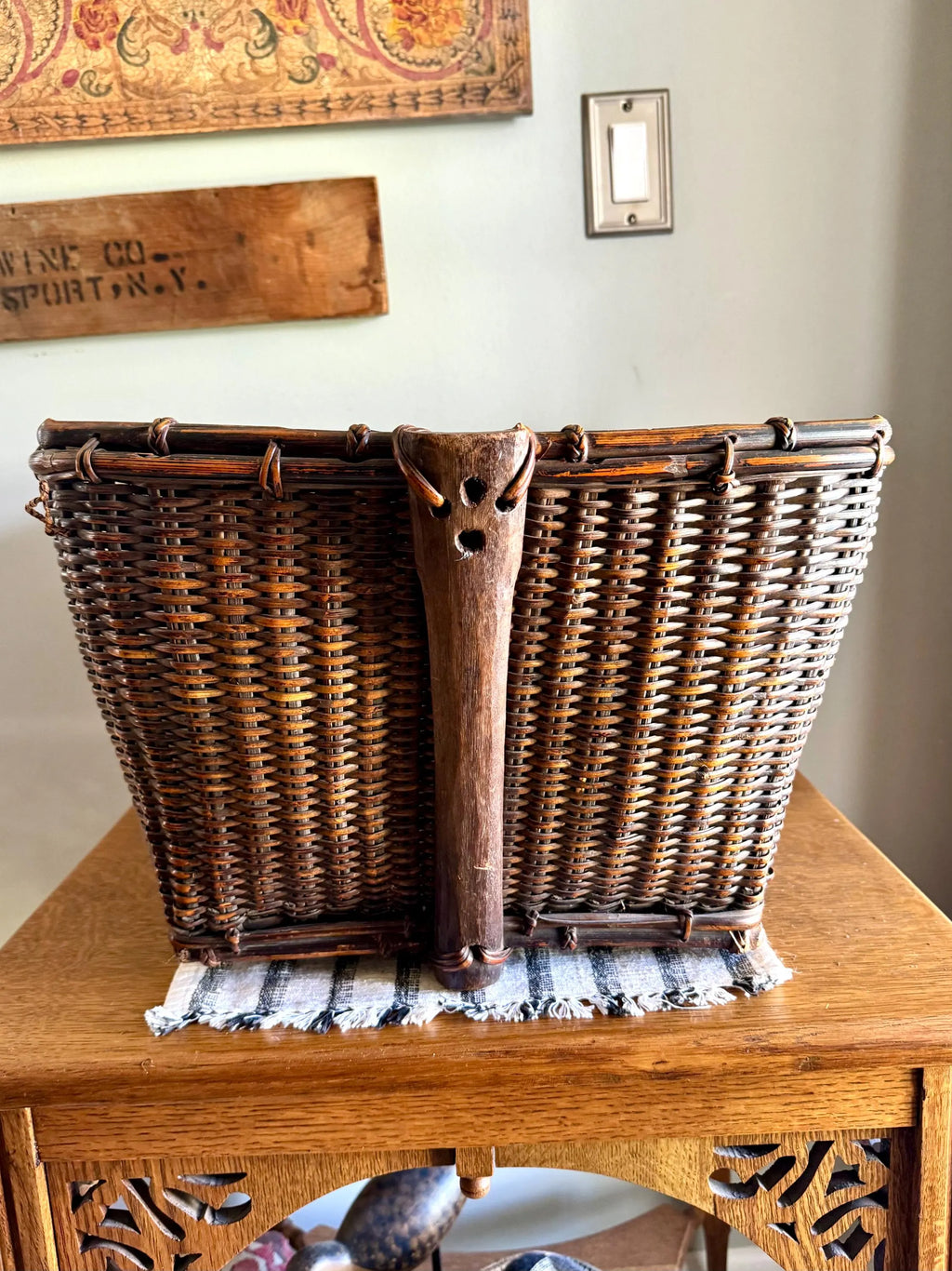 Antique Woven Wicker and Hand Cut Wood Basket  | Large Rattan Drying Basket | Wicker Hamper| Woven Wicker Blanket Storage| Bohemian Storage