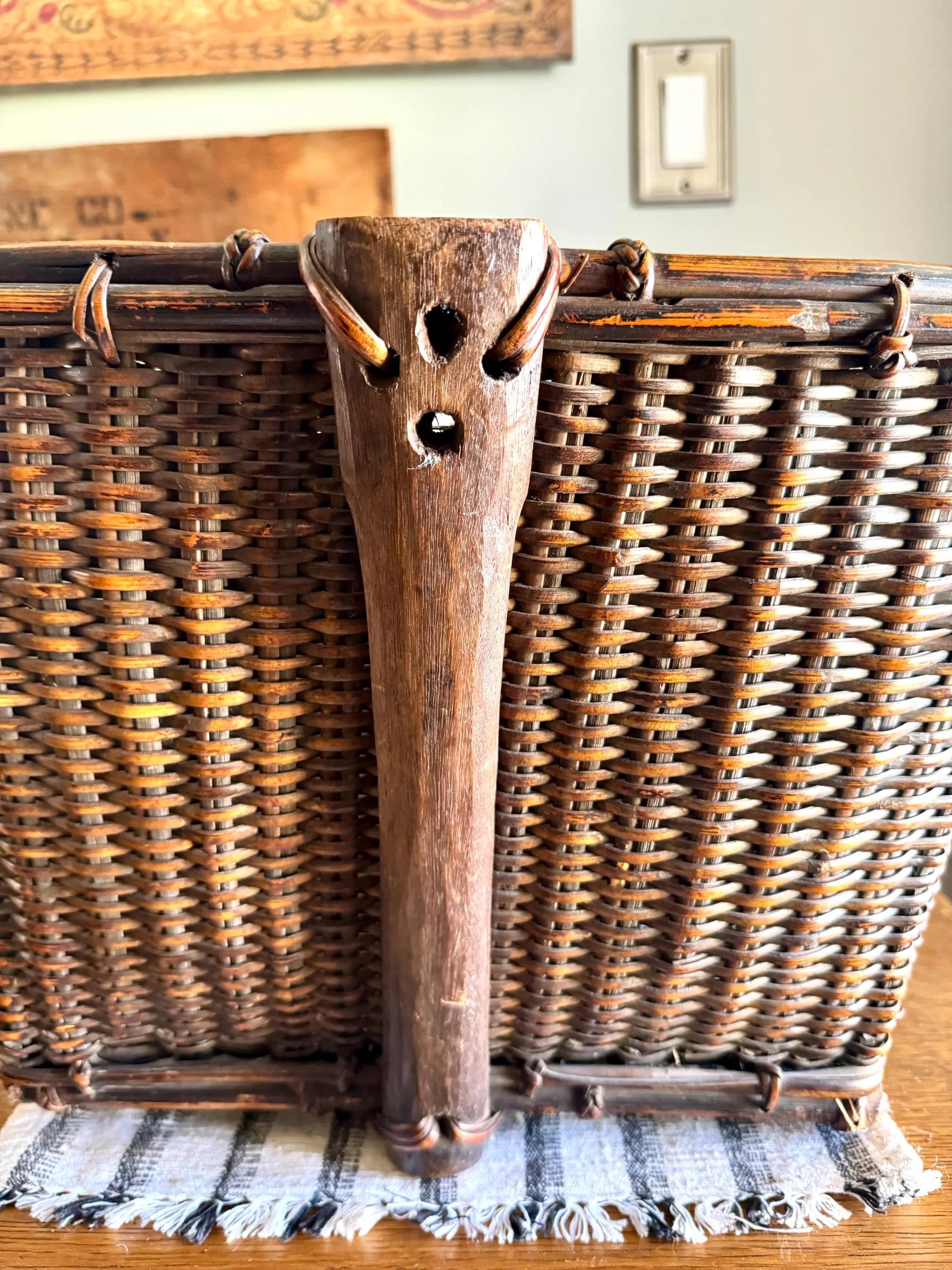 Antique Woven Wicker and Hand Cut Wood Basket  | Large Rattan Drying Basket | Wicker Hamper| Woven Wicker Blanket Storage| Bohemian Storage