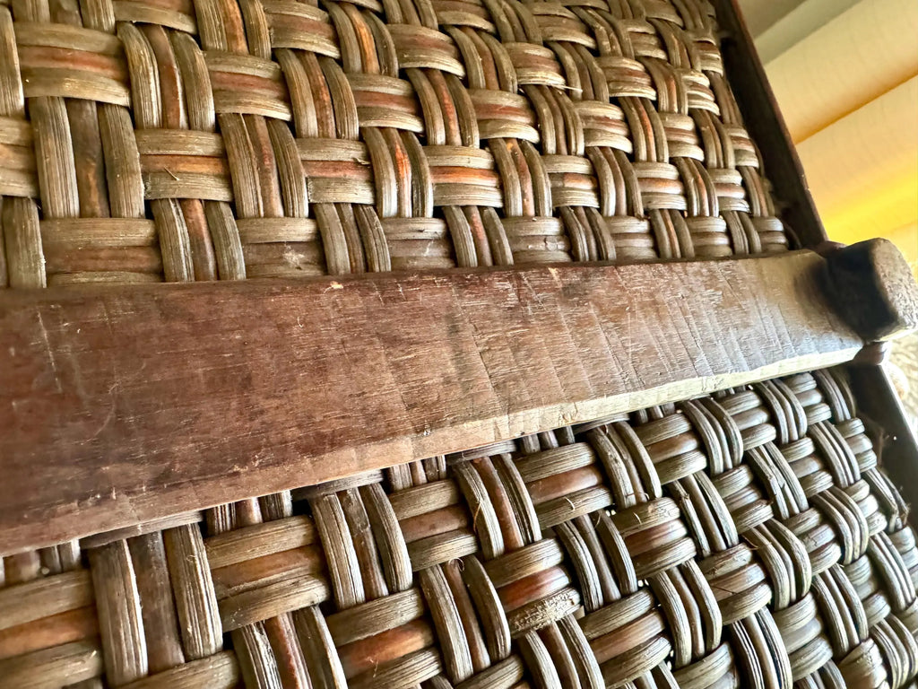 Antique Woven Wicker and Hand Cut Wood Basket  | Large Rattan Drying Basket | Wicker Hamper| Woven Wicker Blanket Storage| Bohemian Storage